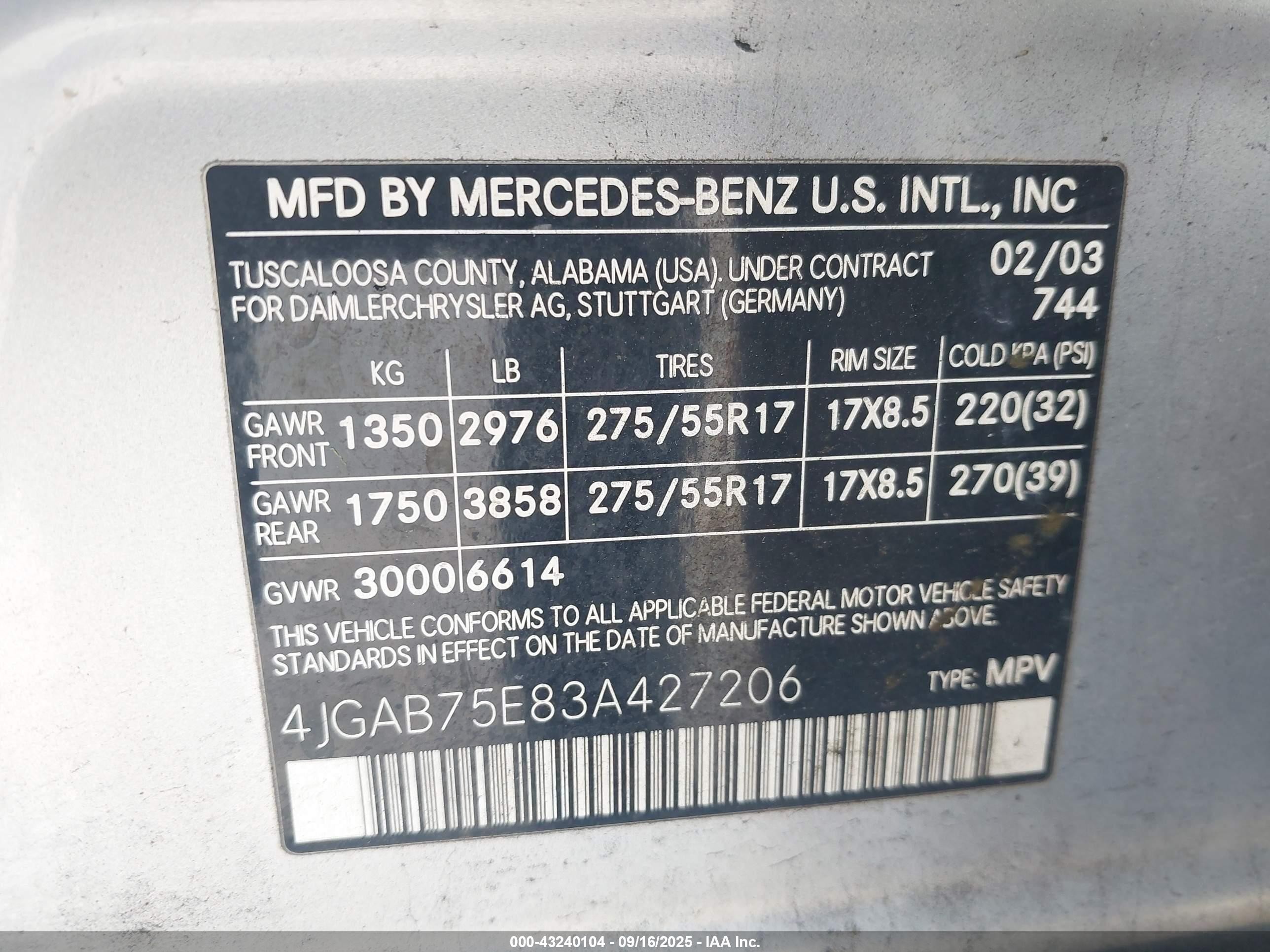 2003 Mercedes-benz Ml 500   Silver vin: 4JGAB75E83A427206