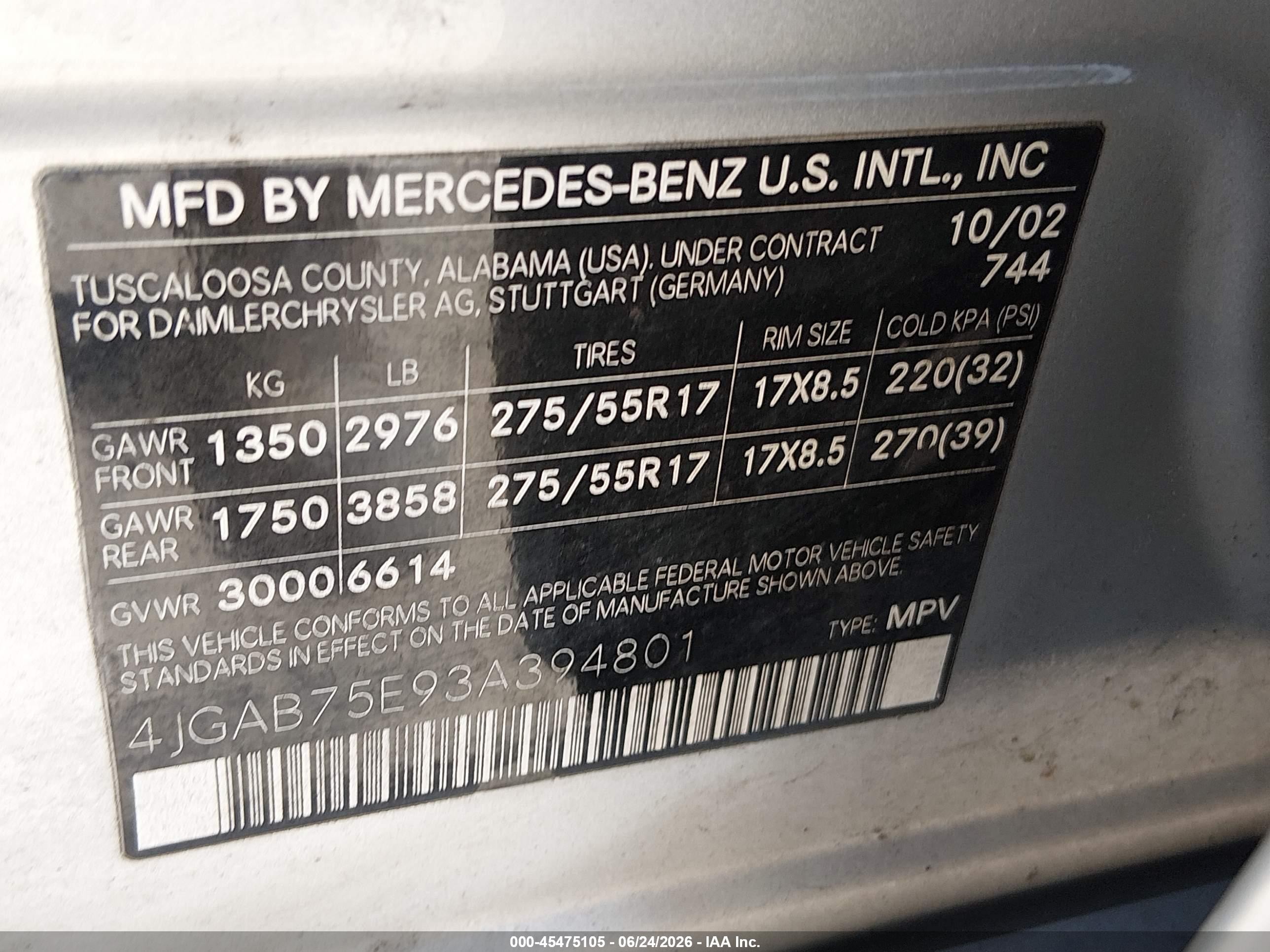 2003 Mercedes-benz Ml 500   Silver vin: 4JGAB75E93A394801