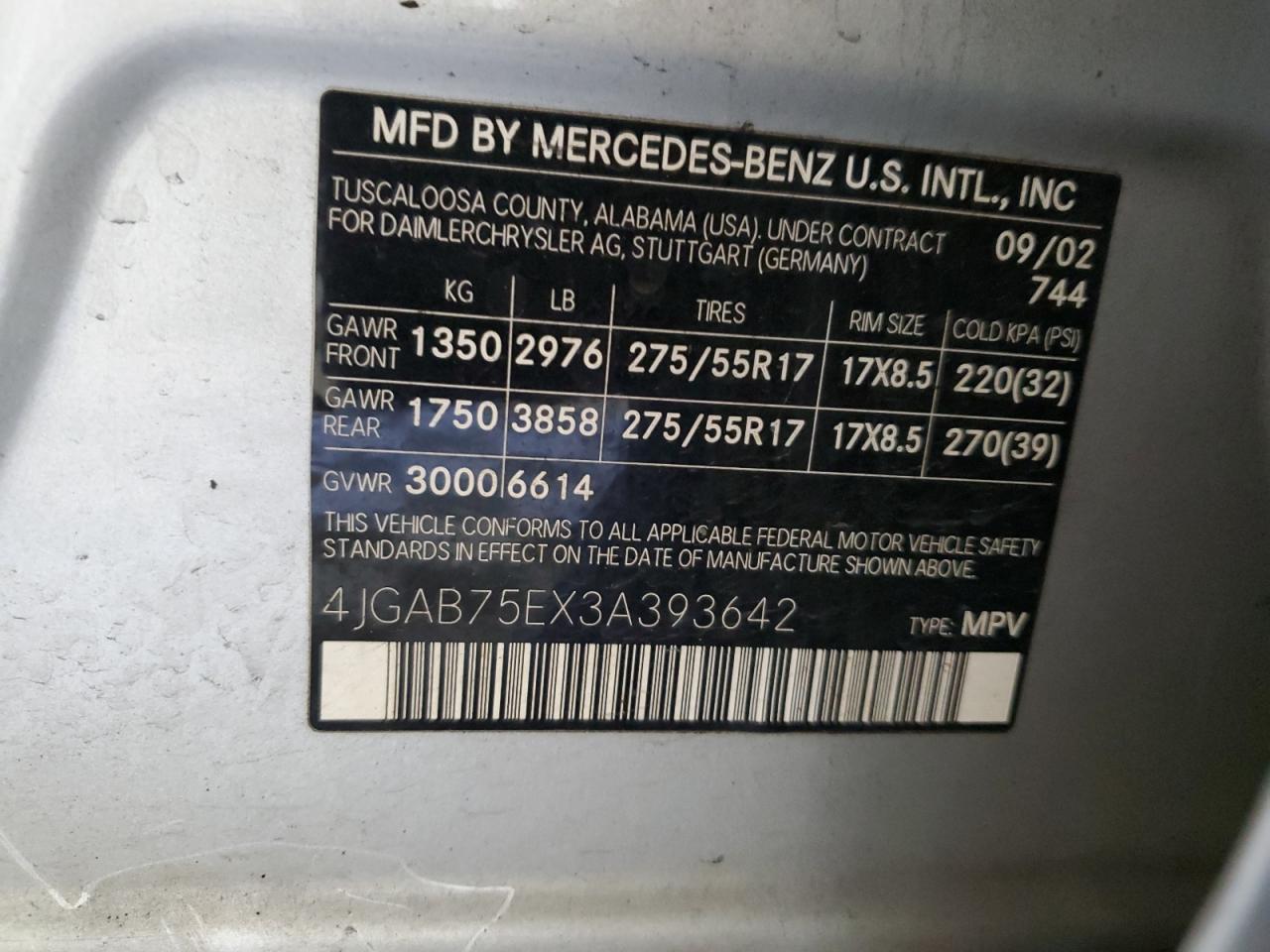 2003 Mercedes-benz Ml 500 Silver vin: 4JGAB75EX3A393642