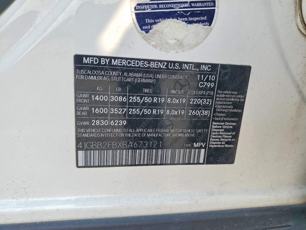 2011 Mercedes-benz Ml 350 Bluetec Белый vin: 4JGBB2FBXBA673121