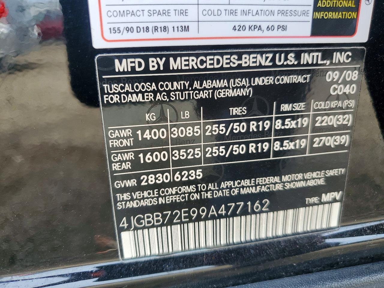 2009 Mercedes-benz Ml 550 Black vin: 4JGBB72E99A477162