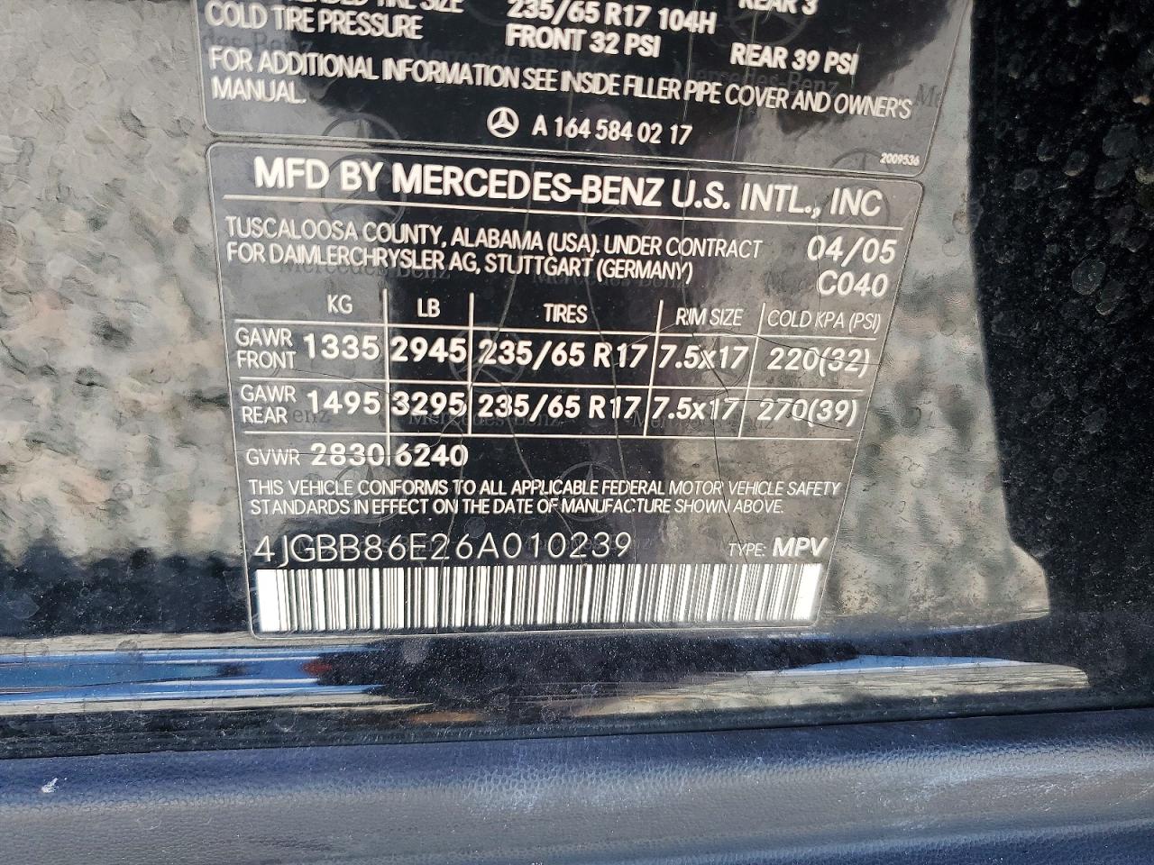 2006 Mercedes-benz Ml 350 Black vin: 4JGBB86E26A010239