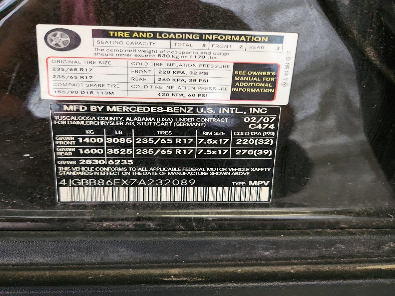 2007 Mercedes-benz Ml 350 Black vin: 4JGBB86EX7A232089