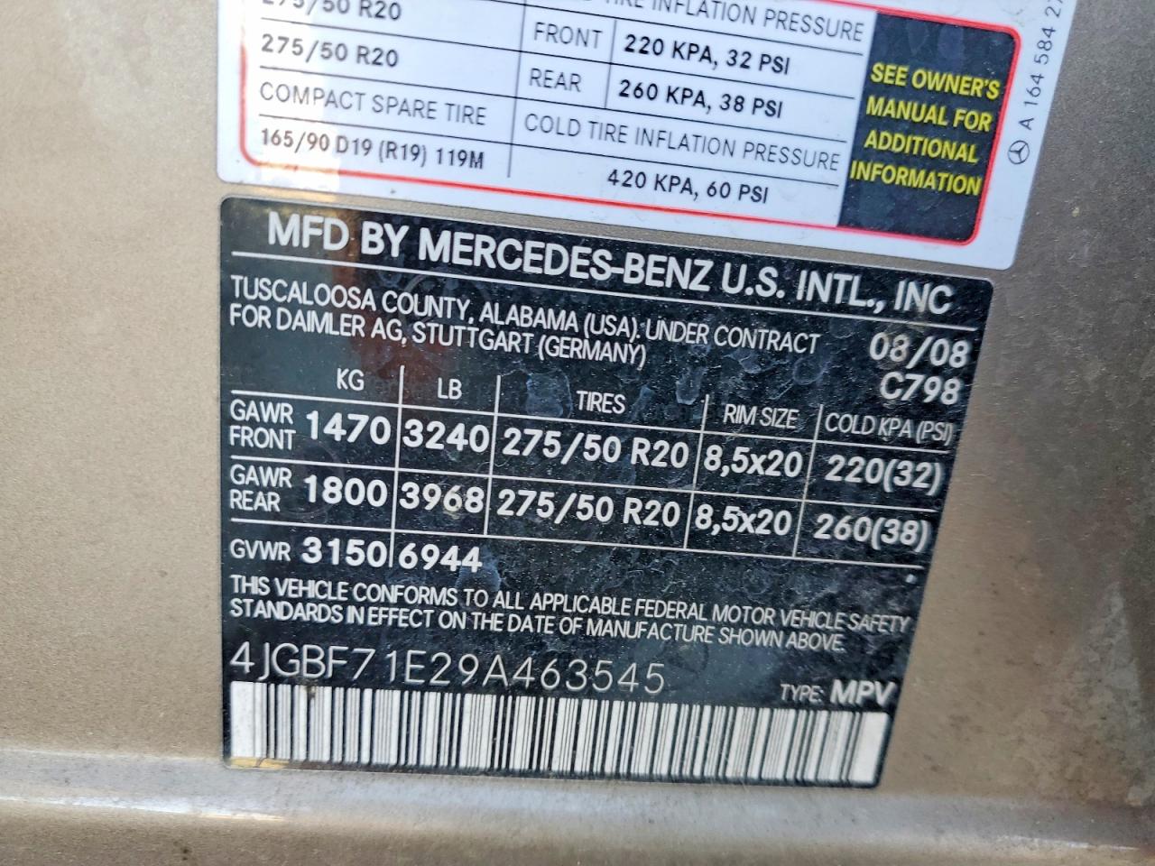 2009 Mercedes-benz Gl 450 4matic Tan vin: 4JGBF71E29A463545