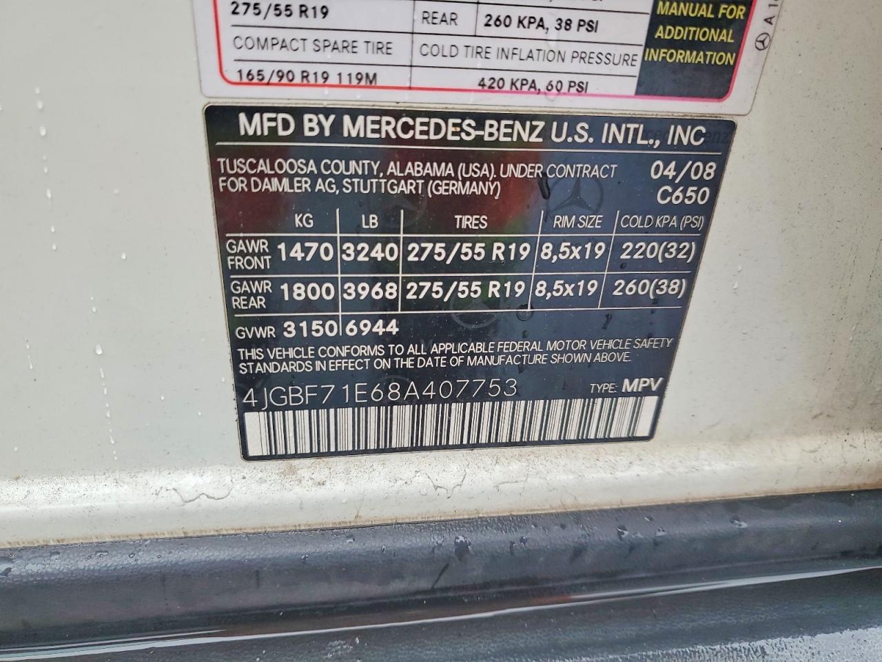 2008 Mercedes-benz Gl 450 4matic Белый vin: 4JGBF71E68A407753