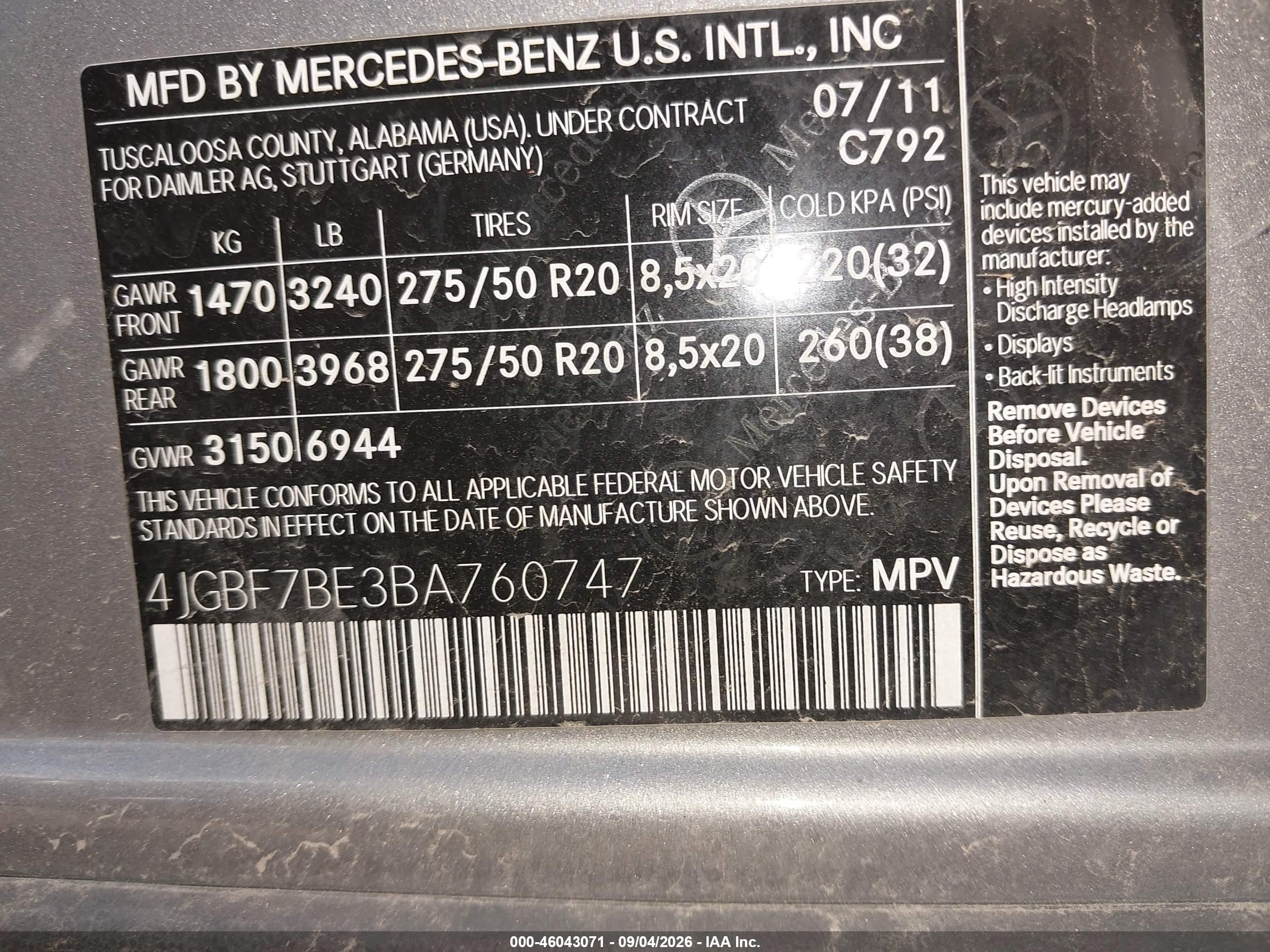 2011 Mercedes-benz Gl 450 4matic Silver vin: 4JGBF7BE3BA760747