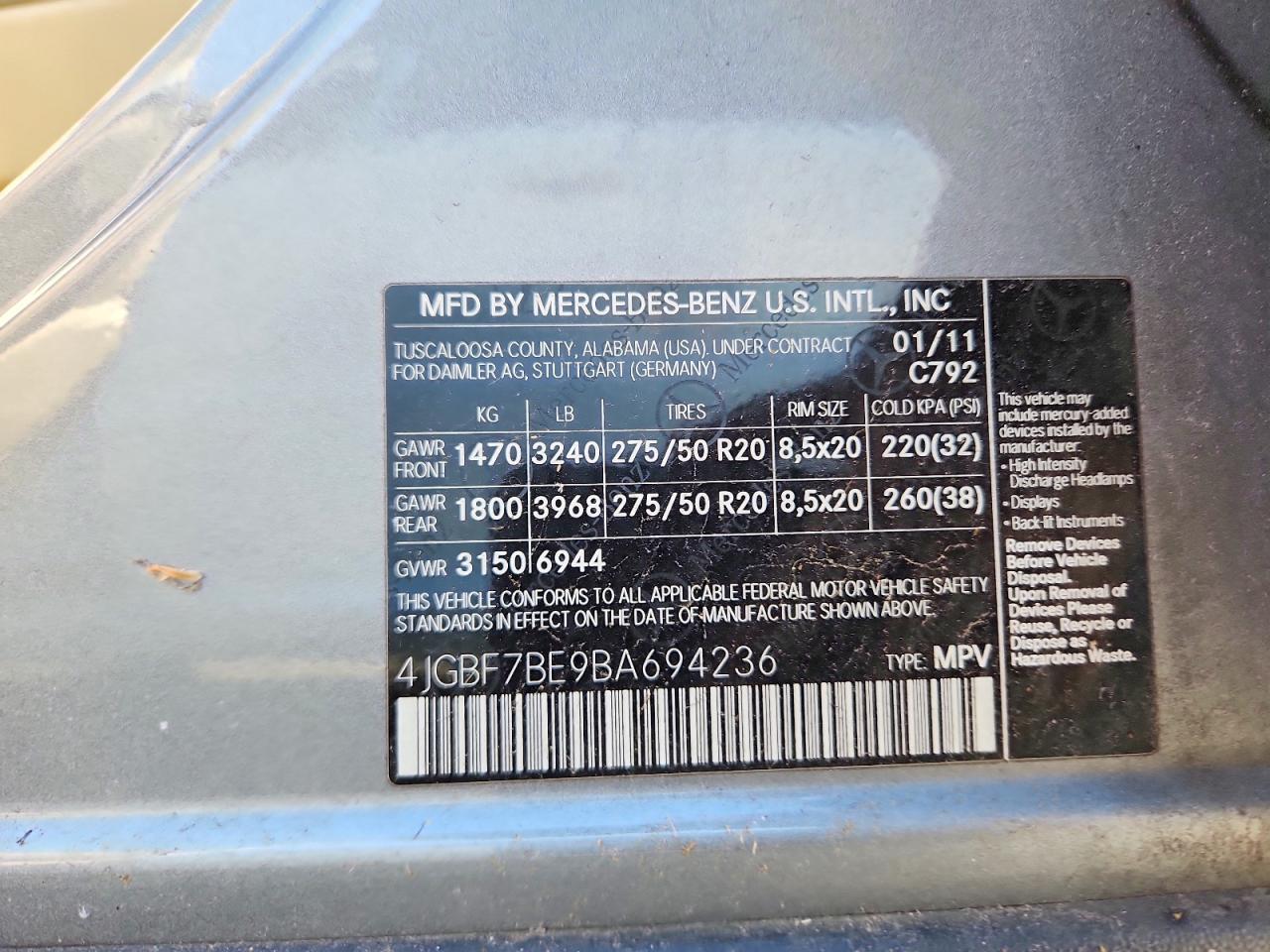 2011 Mercedes-benz Gl 450 4matic Silver vin: 4JGBF7BE9BA694236