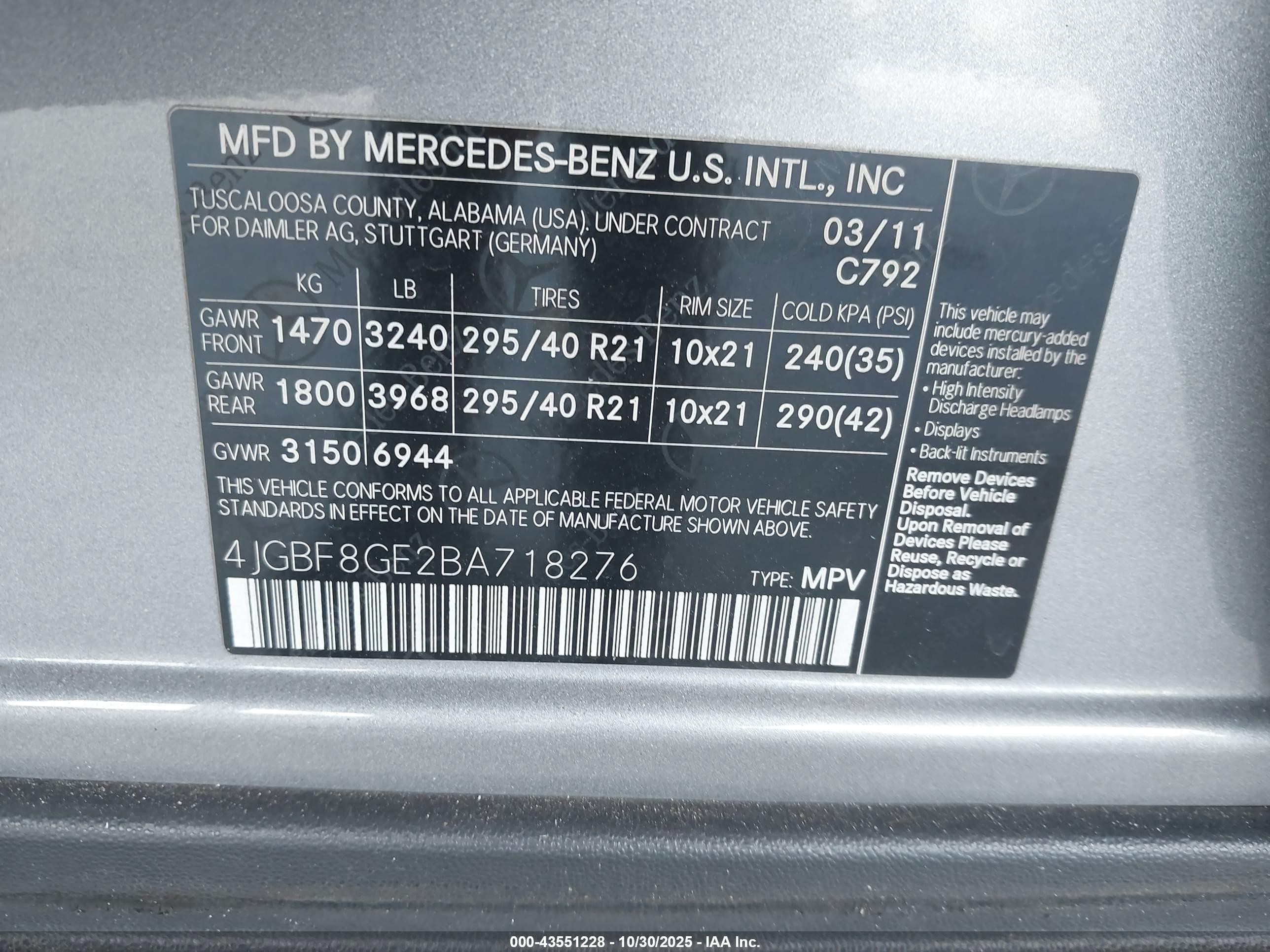 2011 Mercedes-benz Gl 550 4matic Gray vin: 4JGBF8GE2BA718276