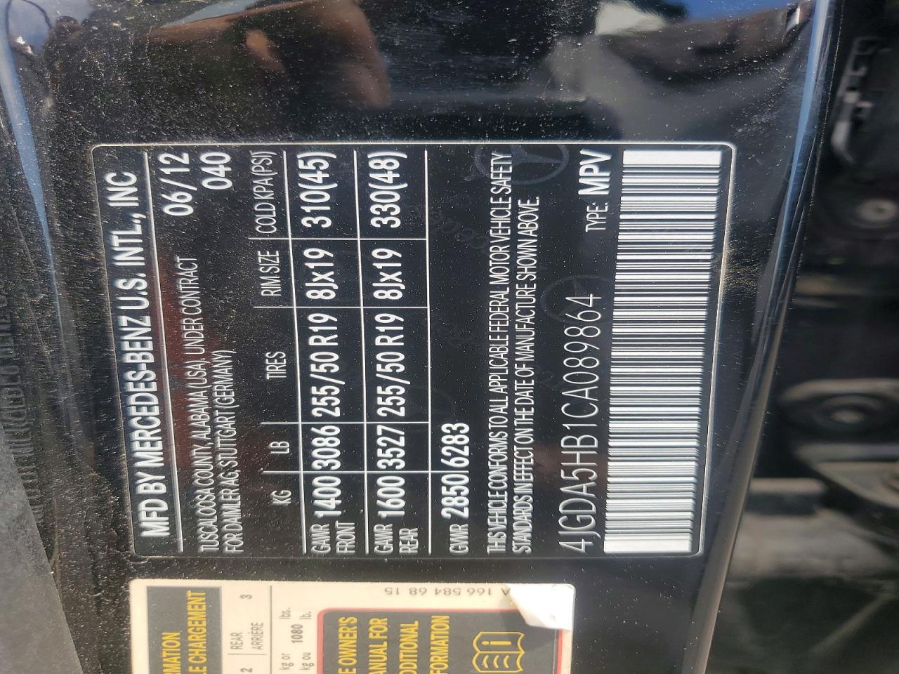 2012 Mercedes-benz Ml 350 4matic Black vin: 4JGDA5HB1CA089864