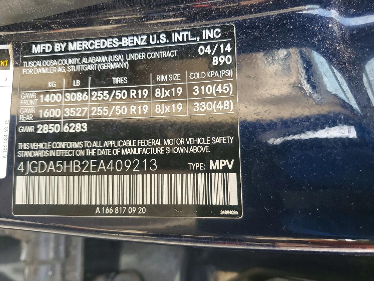 2014 Mercedes-benz Ml 350 4matic Blue vin: 4JGDA5HB2EA409213