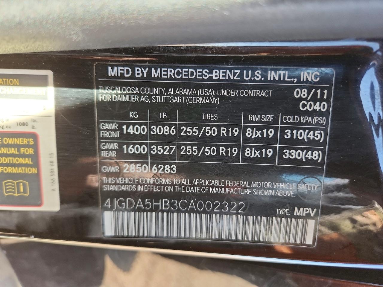 2012 Mercedes-benz Ml 350 4matic Black vin: 4JGDA5HB3CA002322