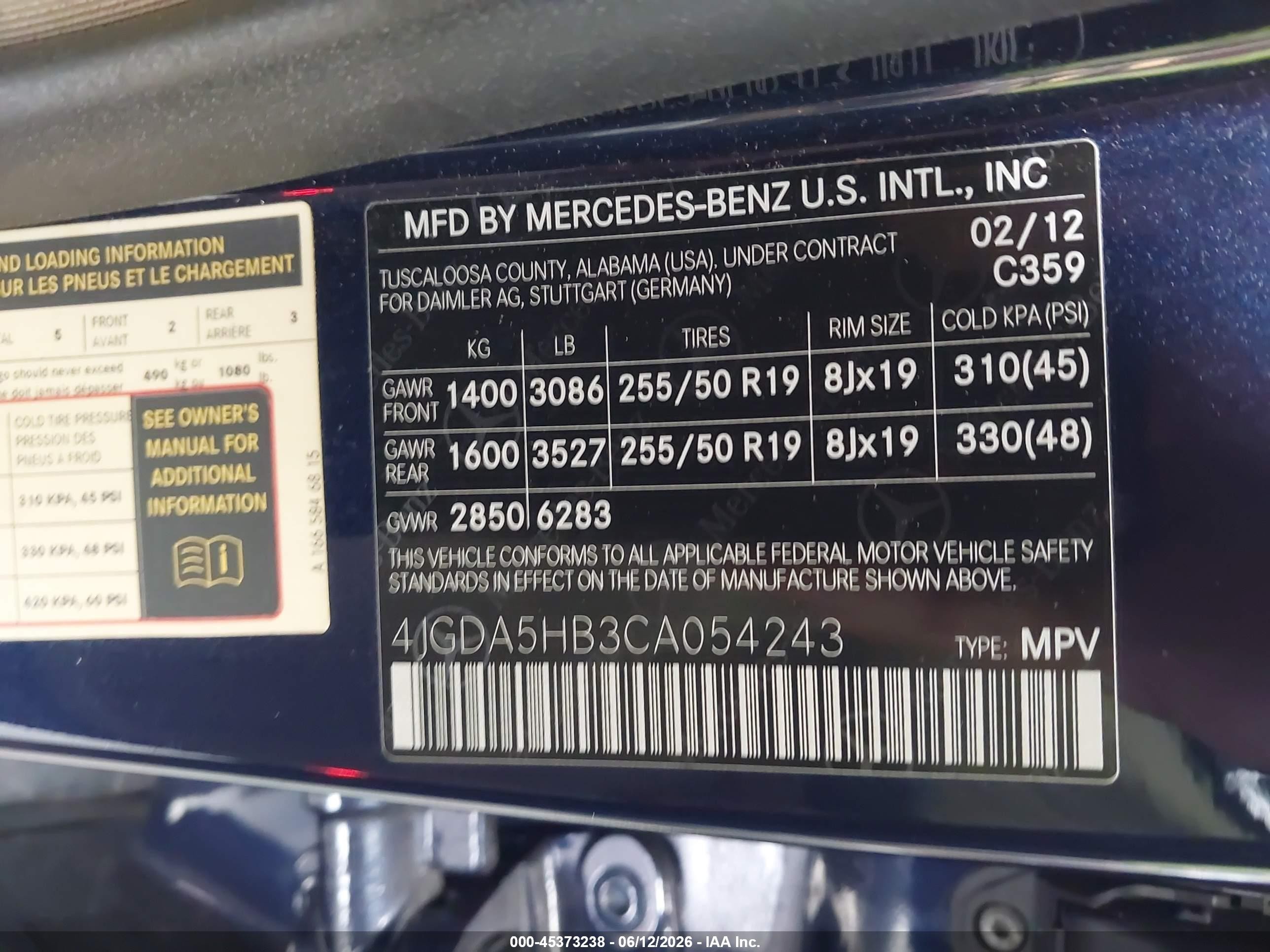 2012 Mercedes-benz Ml 350 4matic Blue vin: 4JGDA5HB3CA054243