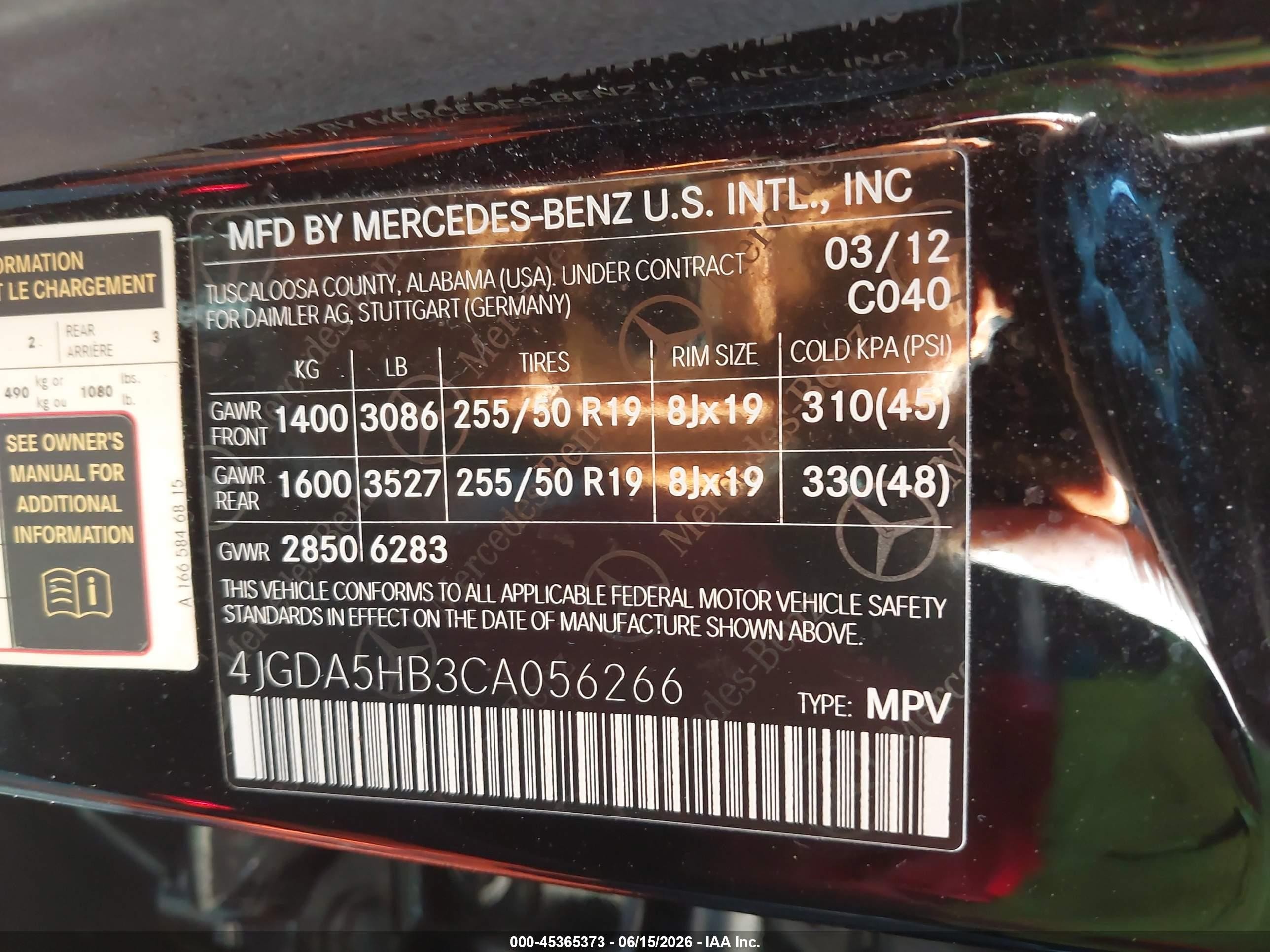 2012 Mercedes-benz Ml 350 4matic Black vin: 4JGDA5HB3CA056266