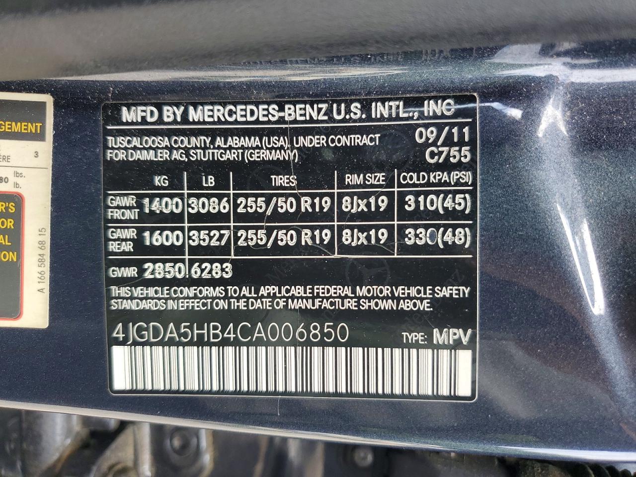 2012 Mercedes-benz Ml 350 4matic Charcoal vin: 4JGDA5HB4CA006850