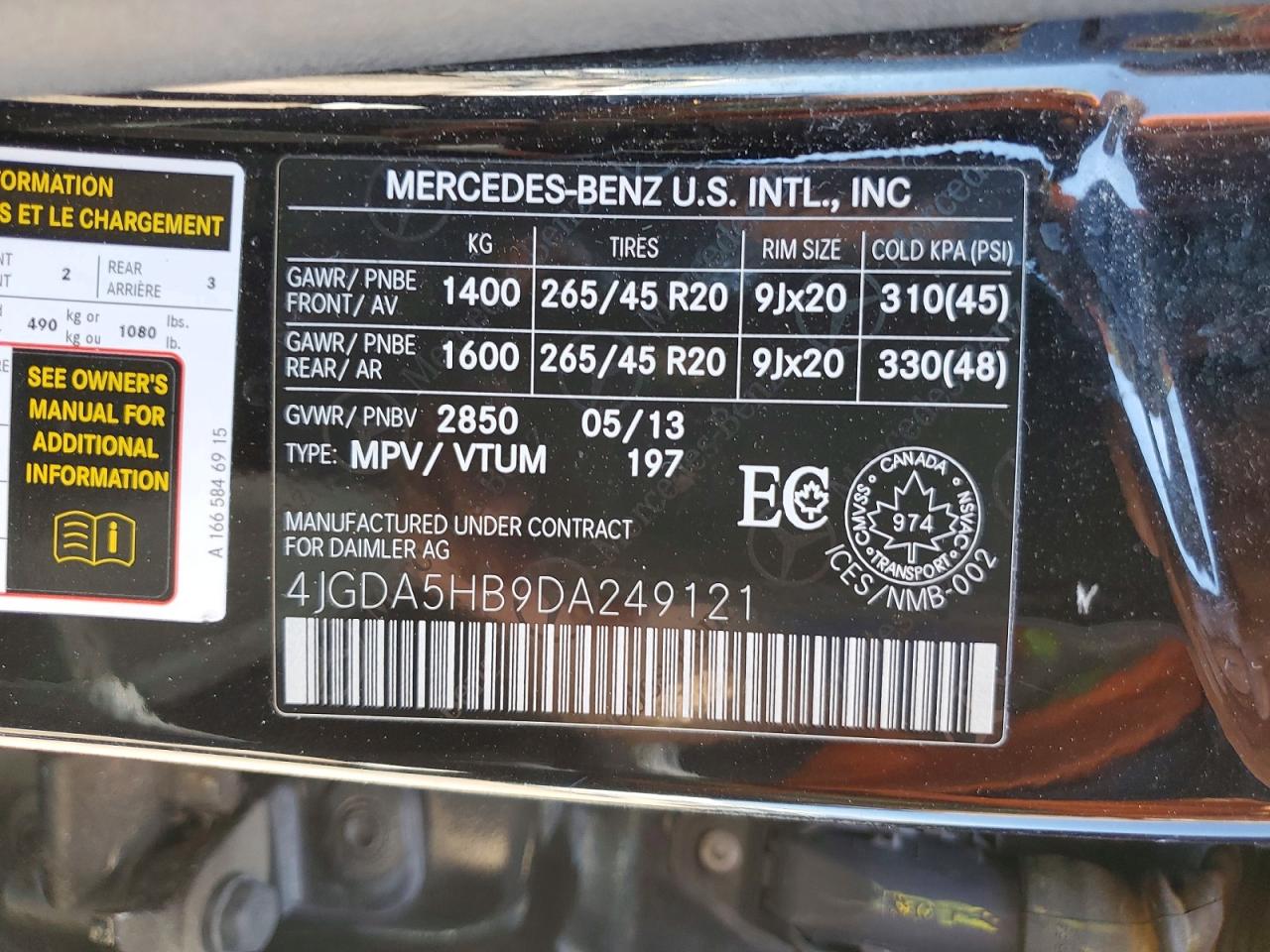 2013 Mercedes-benz Ml 350 4matic Black vin: 4JGDA5HB9DA249121