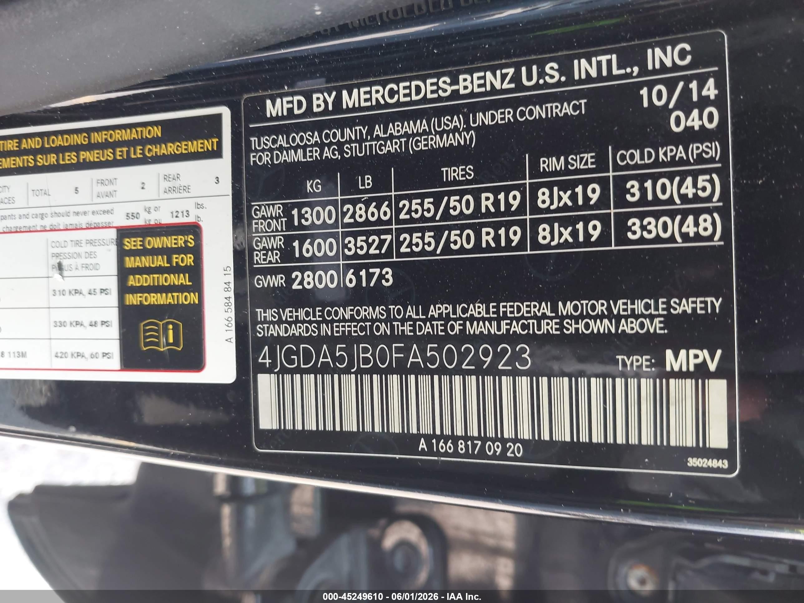 2015 Mercedes-benz Ml 350   Black vin: 4JGDA5JB0FA502923