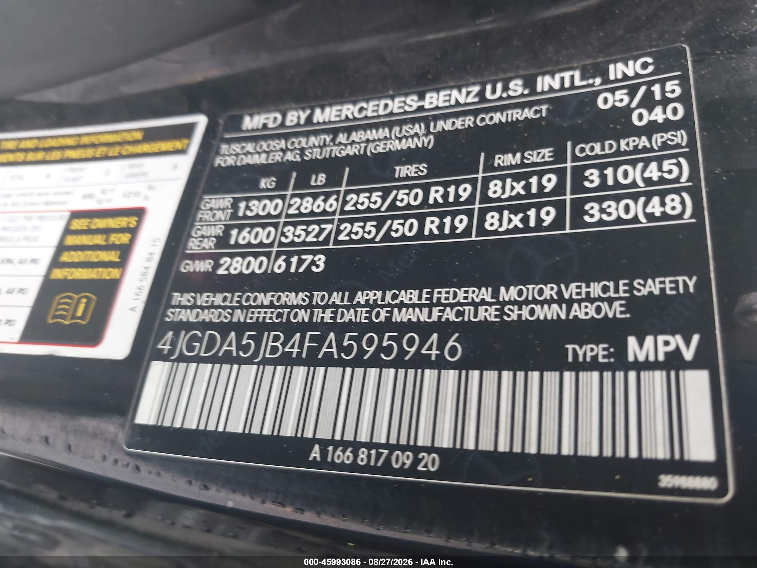 2015 Mercedes-benz Ml 350   Black vin: 4JGDA5JB4FA595946