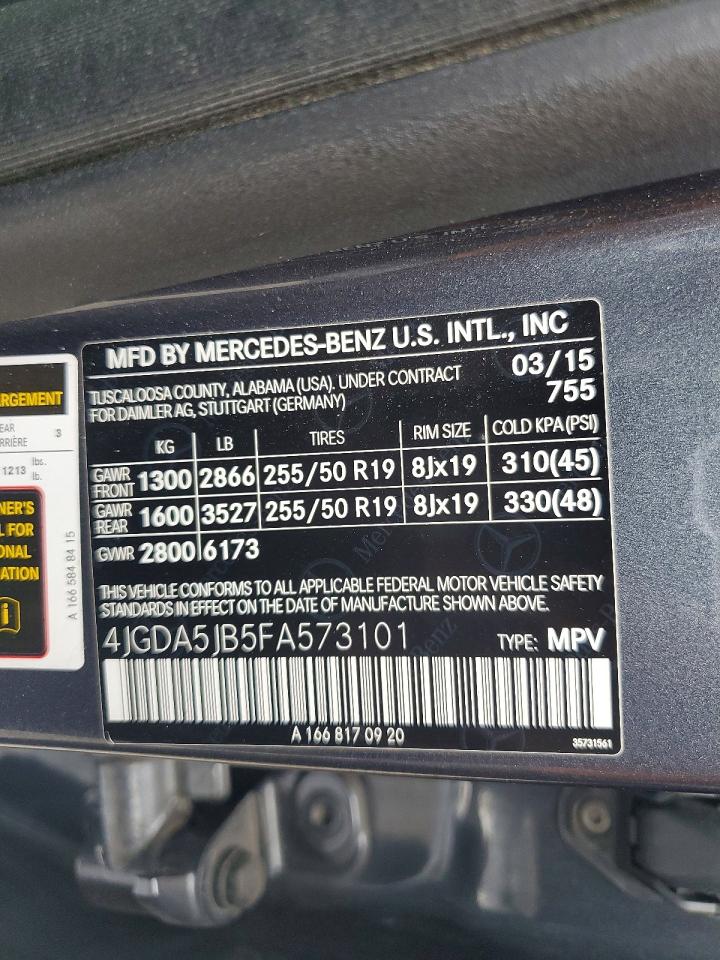 2015 Mercedes-benz Ml 350 Charcoal vin: 4JGDA5JB5FA573101