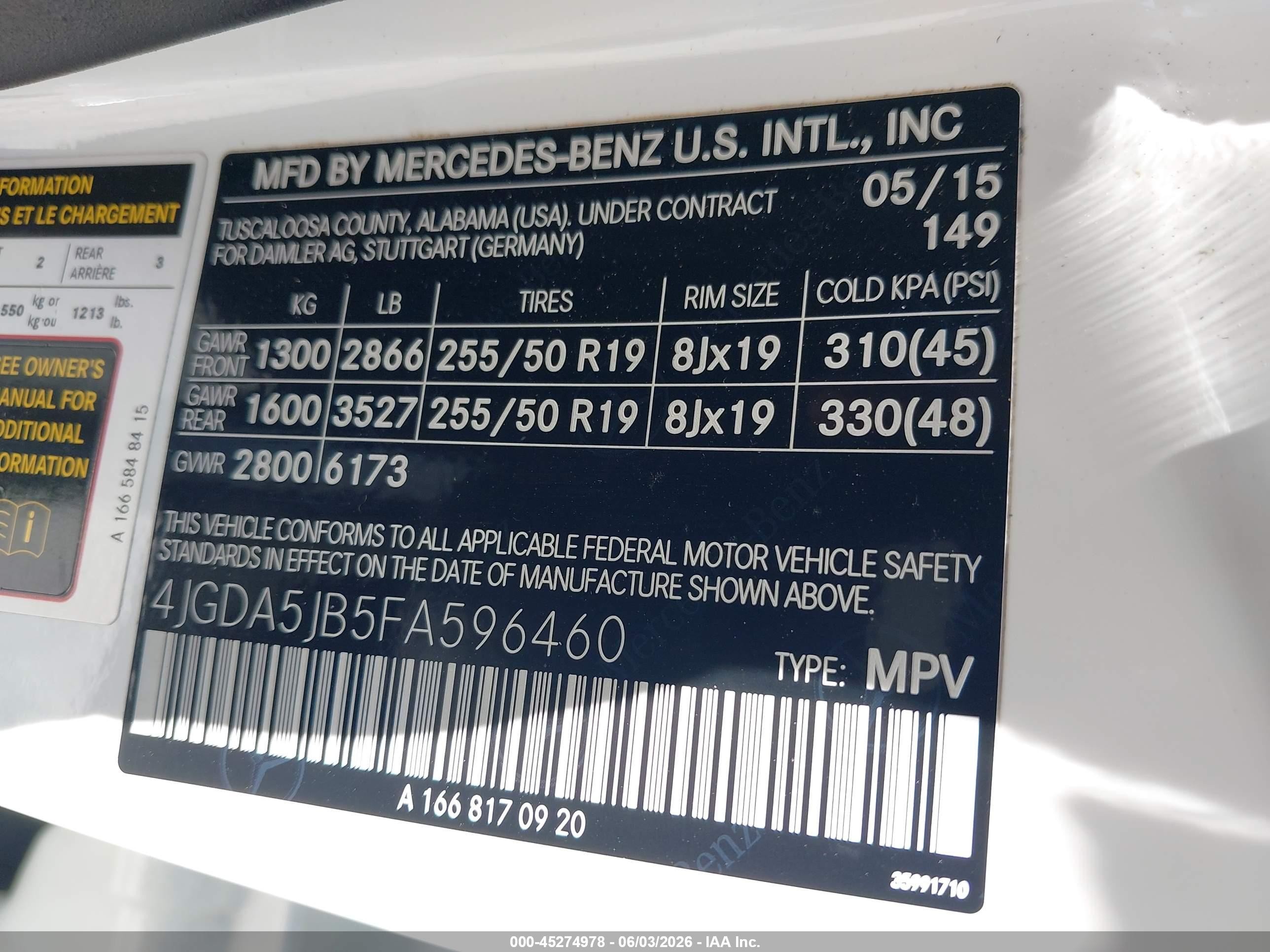 2015 Mercedes-benz Ml 350   White vin: 4JGDA5JB5FA596460
