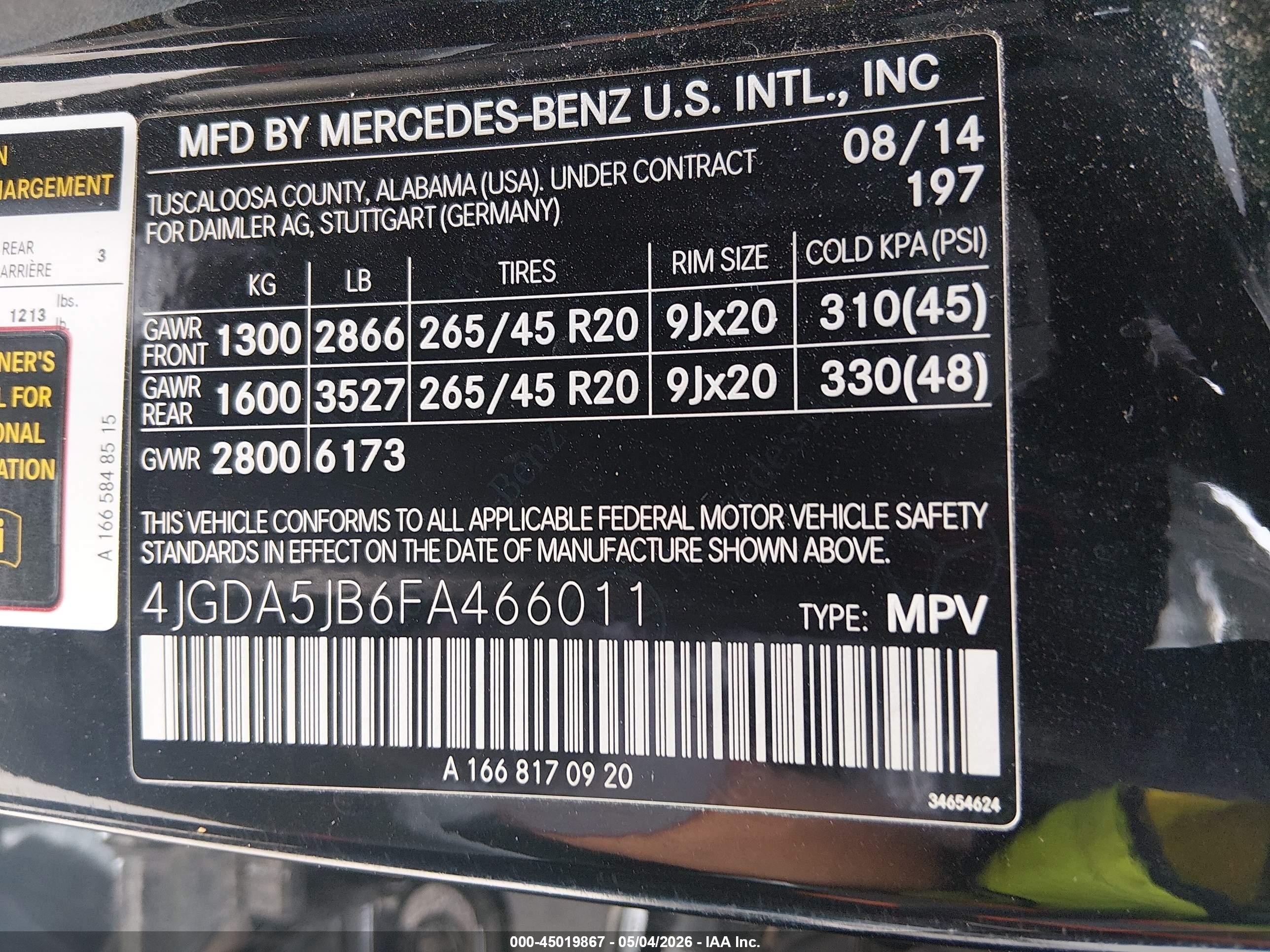 2015 Mercedes-benz Ml 350   Черный vin: 4JGDA5JB6FA466011