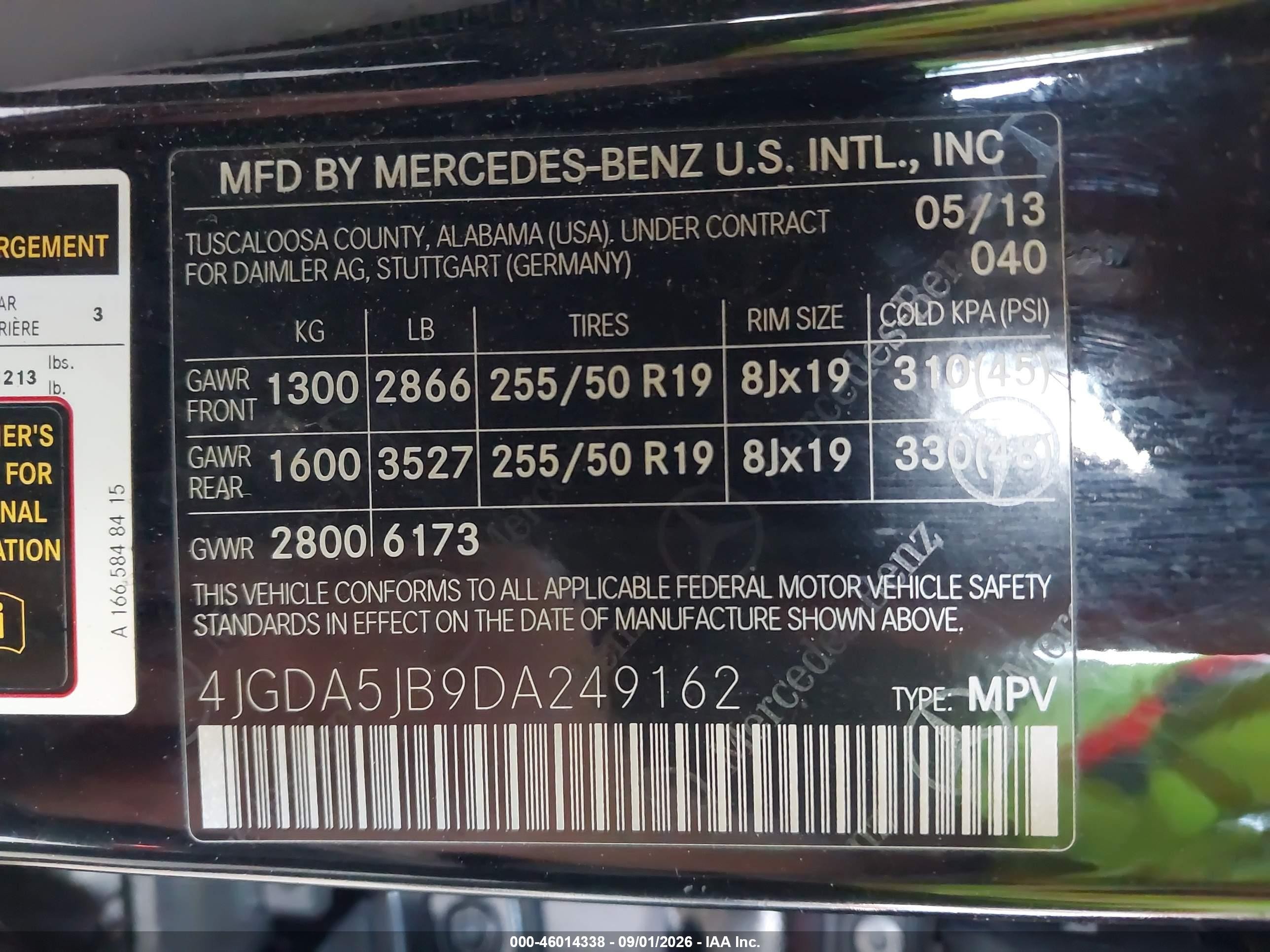2013 Mercedes-benz Ml 350   Black vin: 4JGDA5JB9DA249162