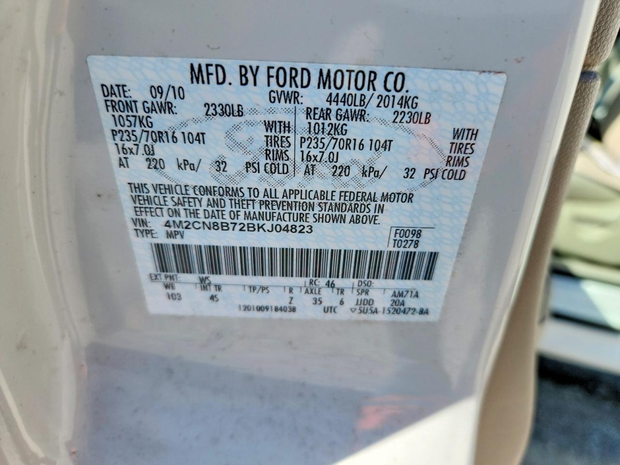 2011 Mercury Mariner White vin: 4M2CN8B72BKJ04823