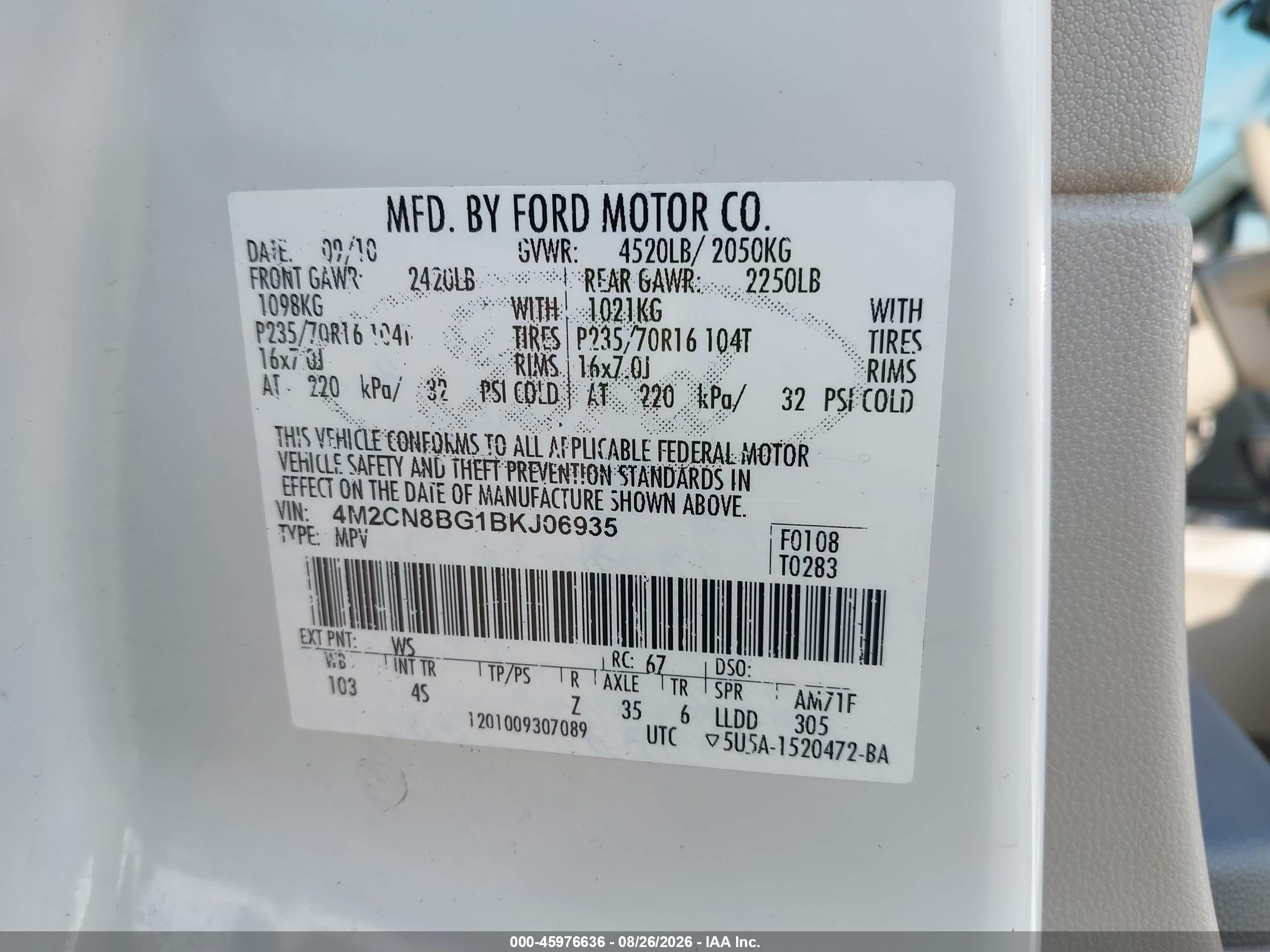 2011 Mercury Mariner   White vin: 4M2CN8BG1BKJ06935