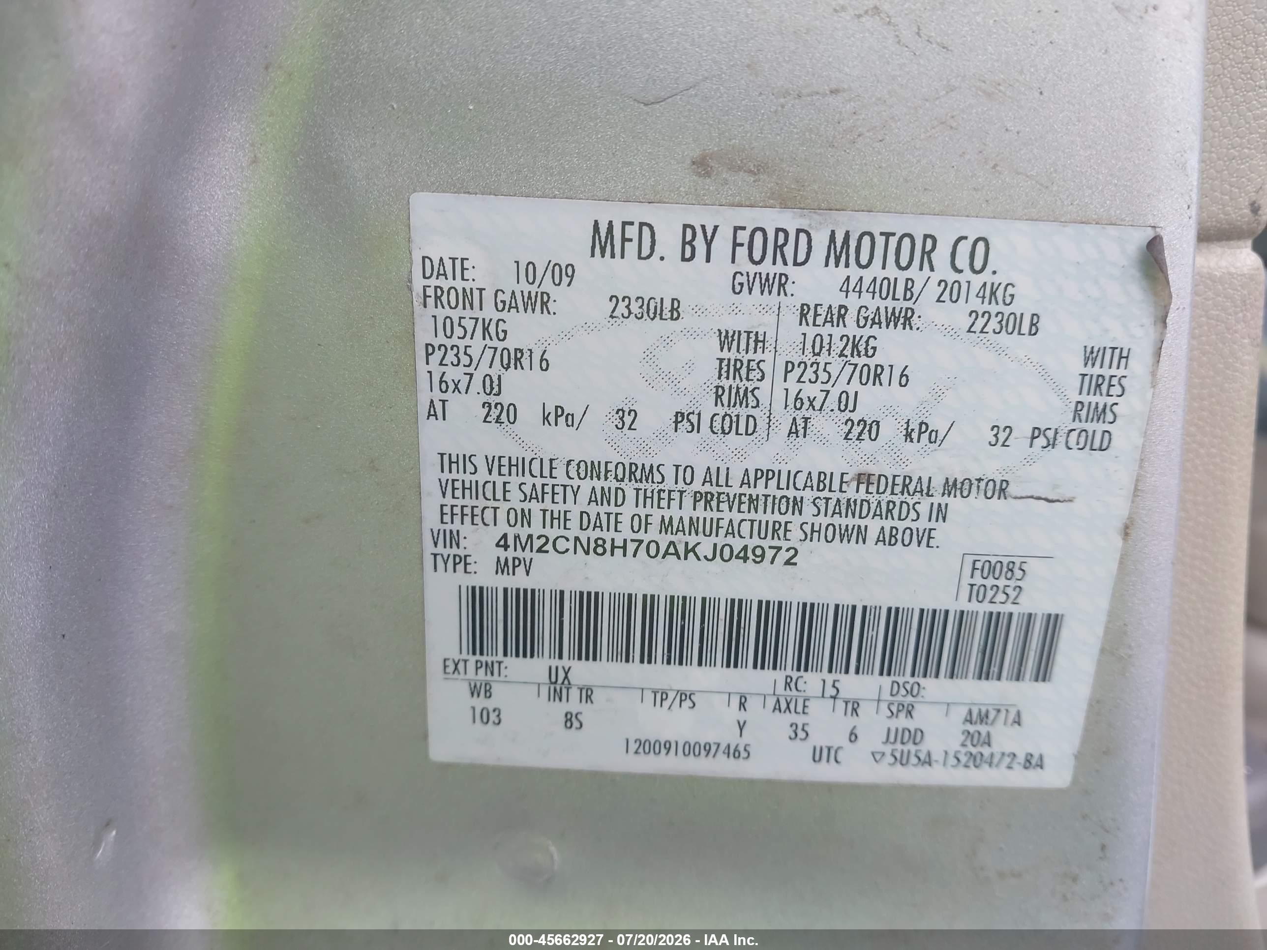 2010 Mercury Mariner Premier Silver vin: 4M2CN8H70AKJ04972