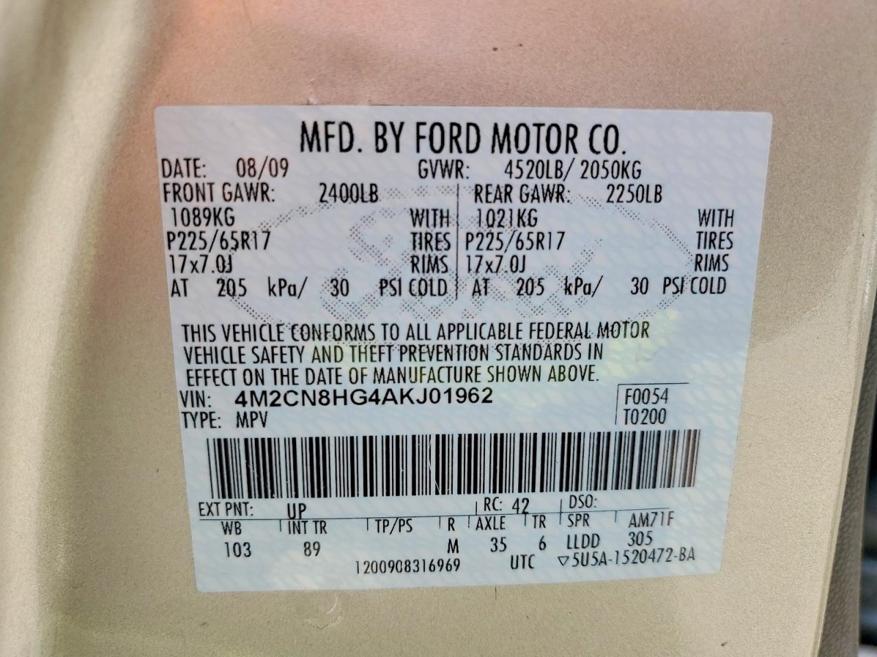 2010 Mercury Mariner Premier Gold vin: 4M2CN8HG4AKJ01962
