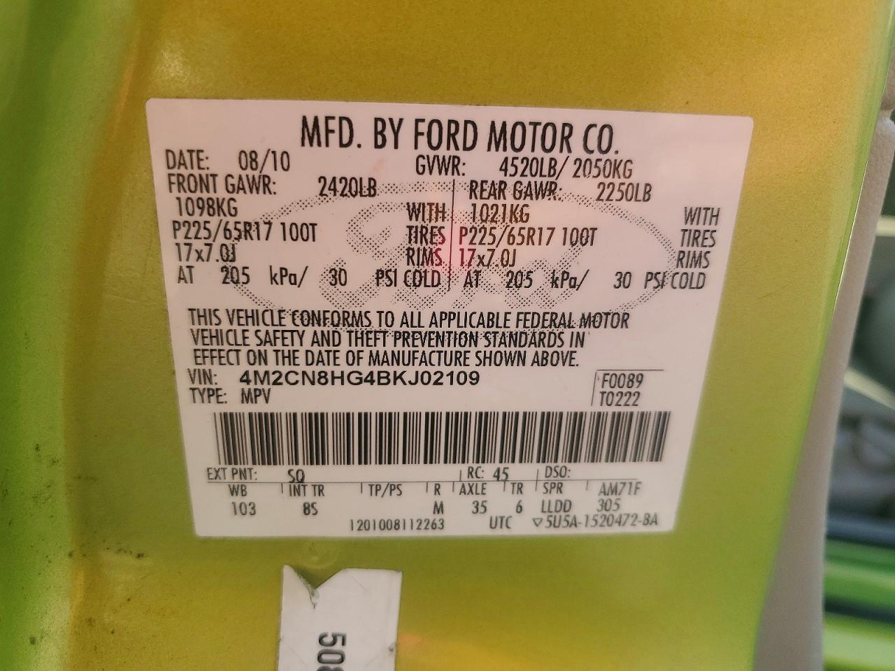 2011 Mercury Mariner Premier Green vin: 4M2CN8HG4BKJ02109