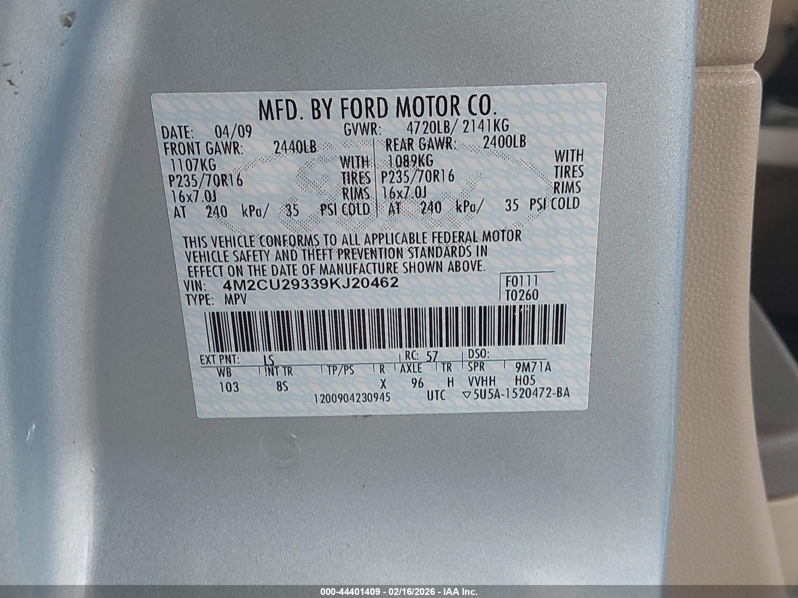 2009 Mercury Mariner Hybrid   Blue vin: 4M2CU29339KJ20462