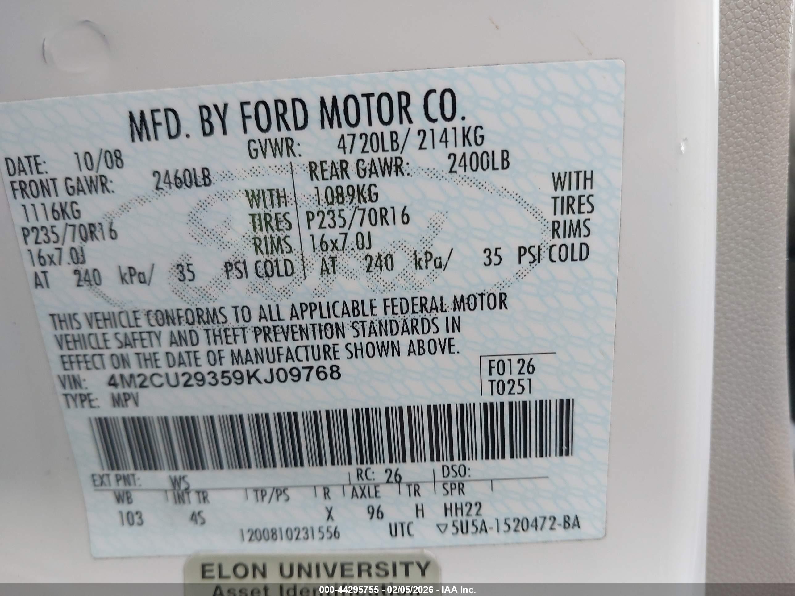 2009 Mercury Mariner Hybrid   White vin: 4M2CU29359KJ09768
