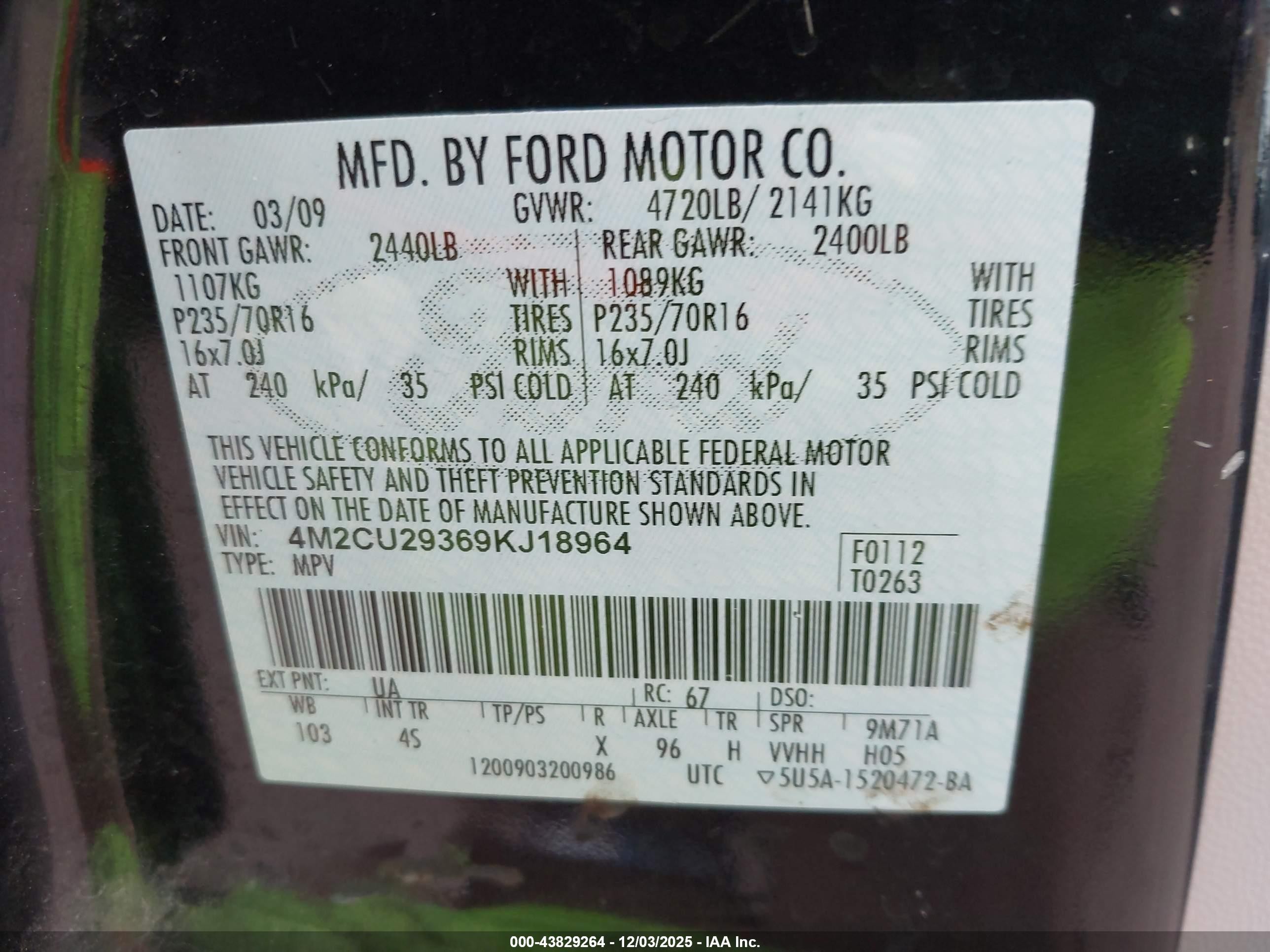 2009 Mercury Mariner Hybrid   Black vin: 4M2CU29369KJ18964