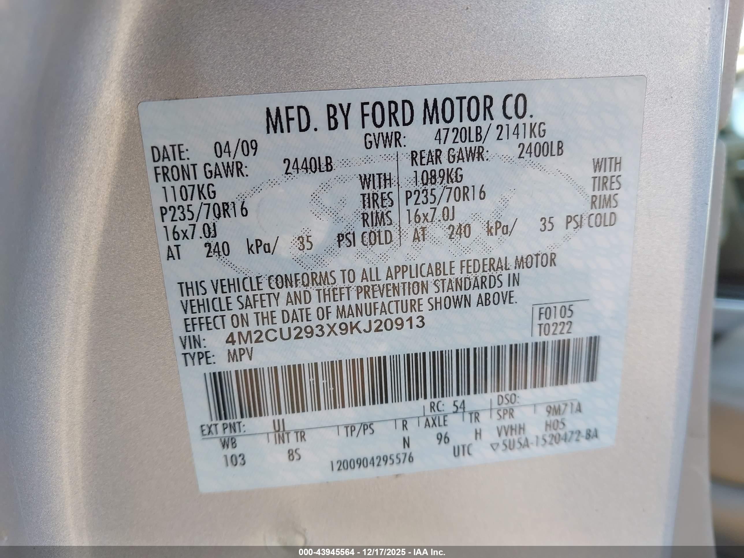 2009 Mercury Mariner Hybrid   Silver vin: 4M2CU293X9KJ20913