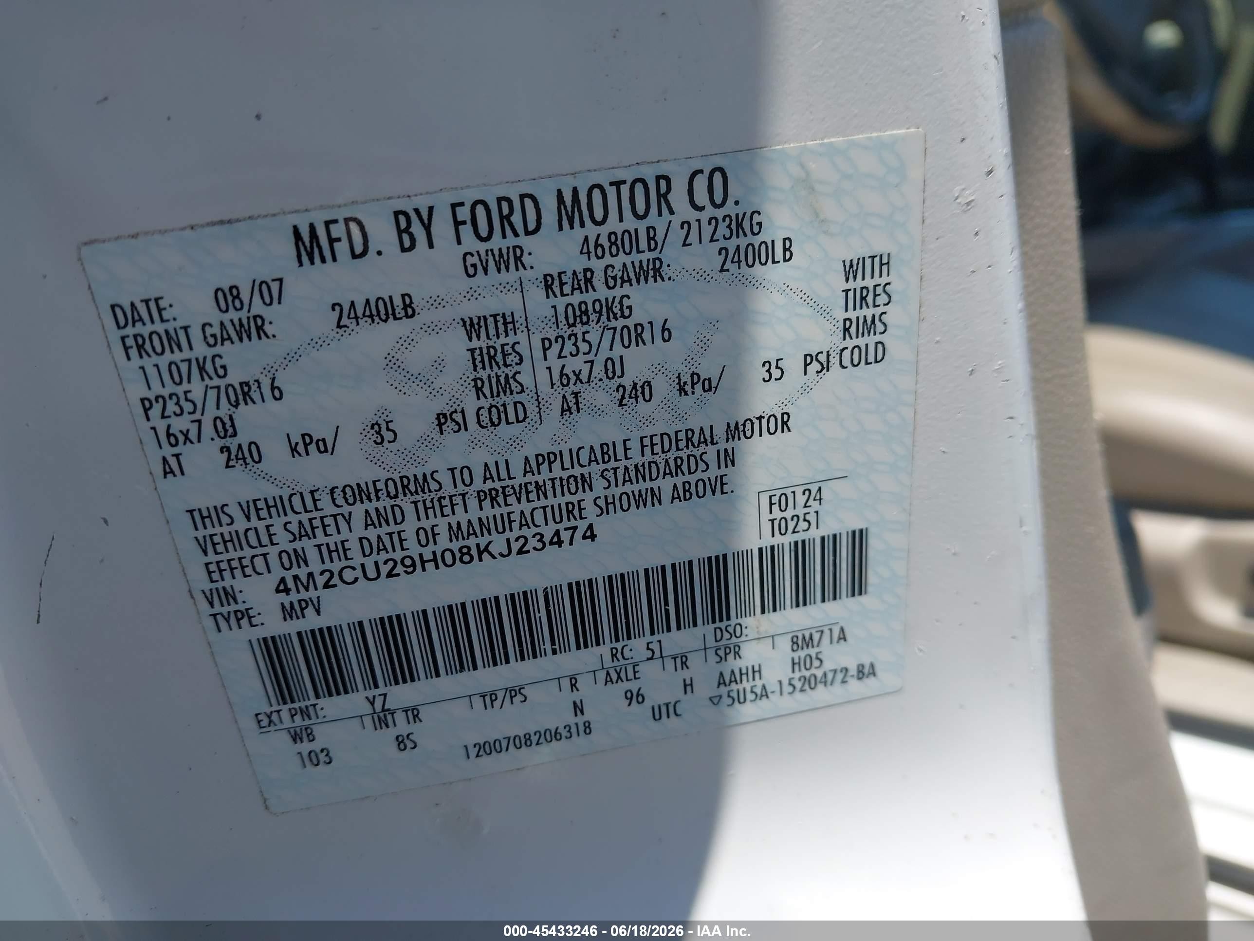 2008 Mercury Mariner Hybrid   White vin: 4M2CU29H08KJ23474