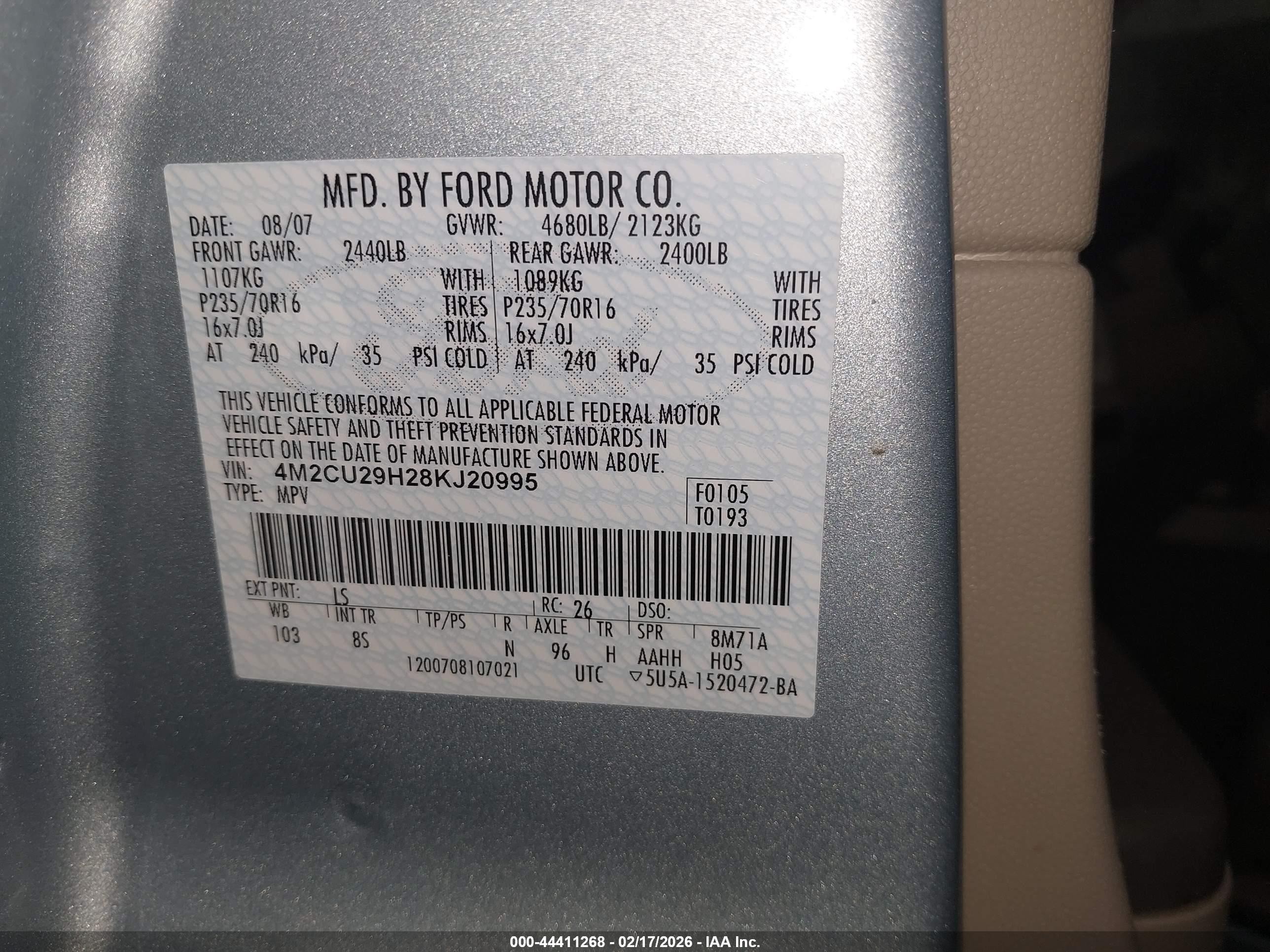 2008 Mercury Mariner Hybrid   Blue vin: 4M2CU29H28KJ20995