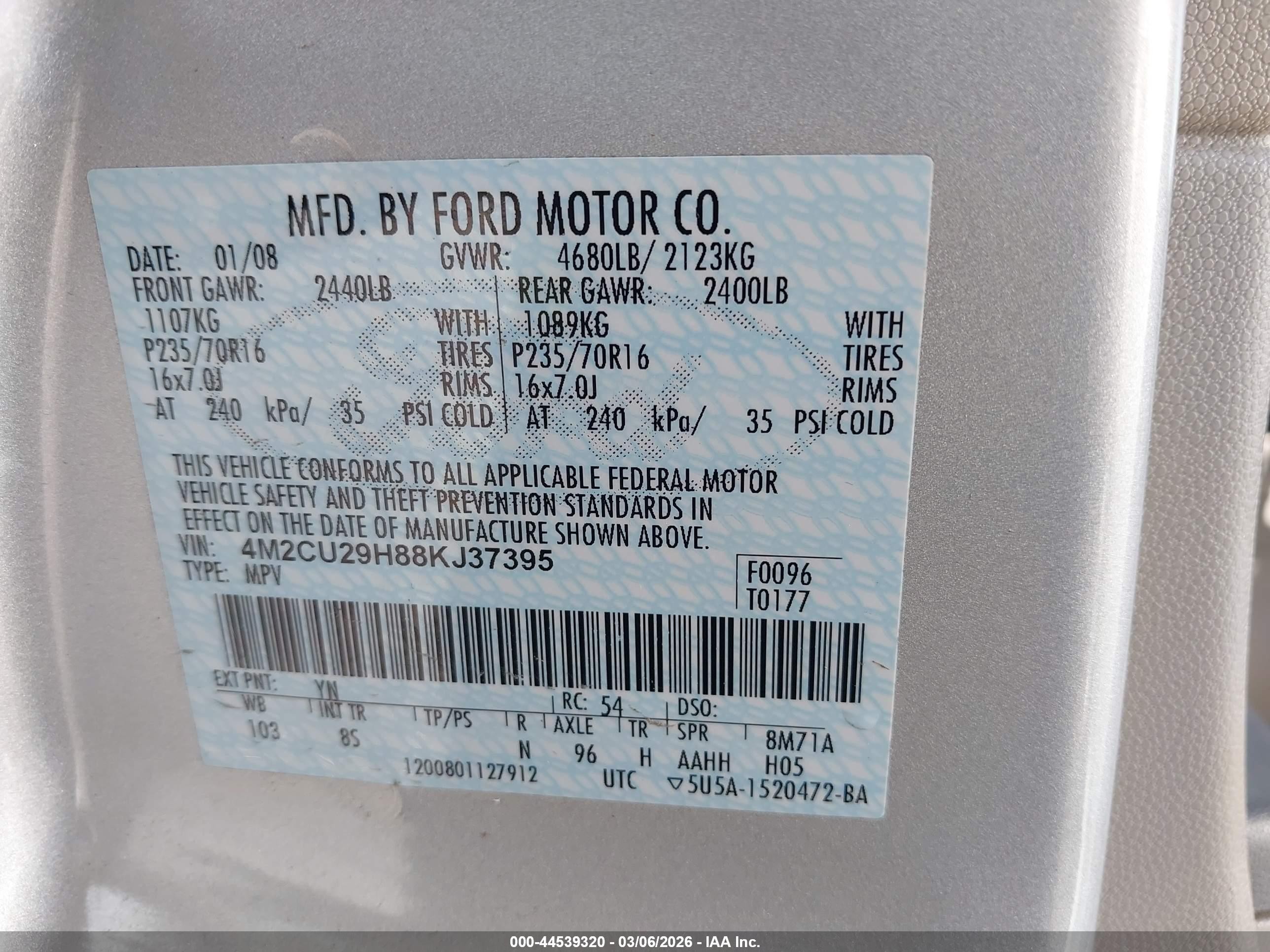2008 Mercury Mariner Hybrid   Silver vin: 4M2CU29H88KJ37395