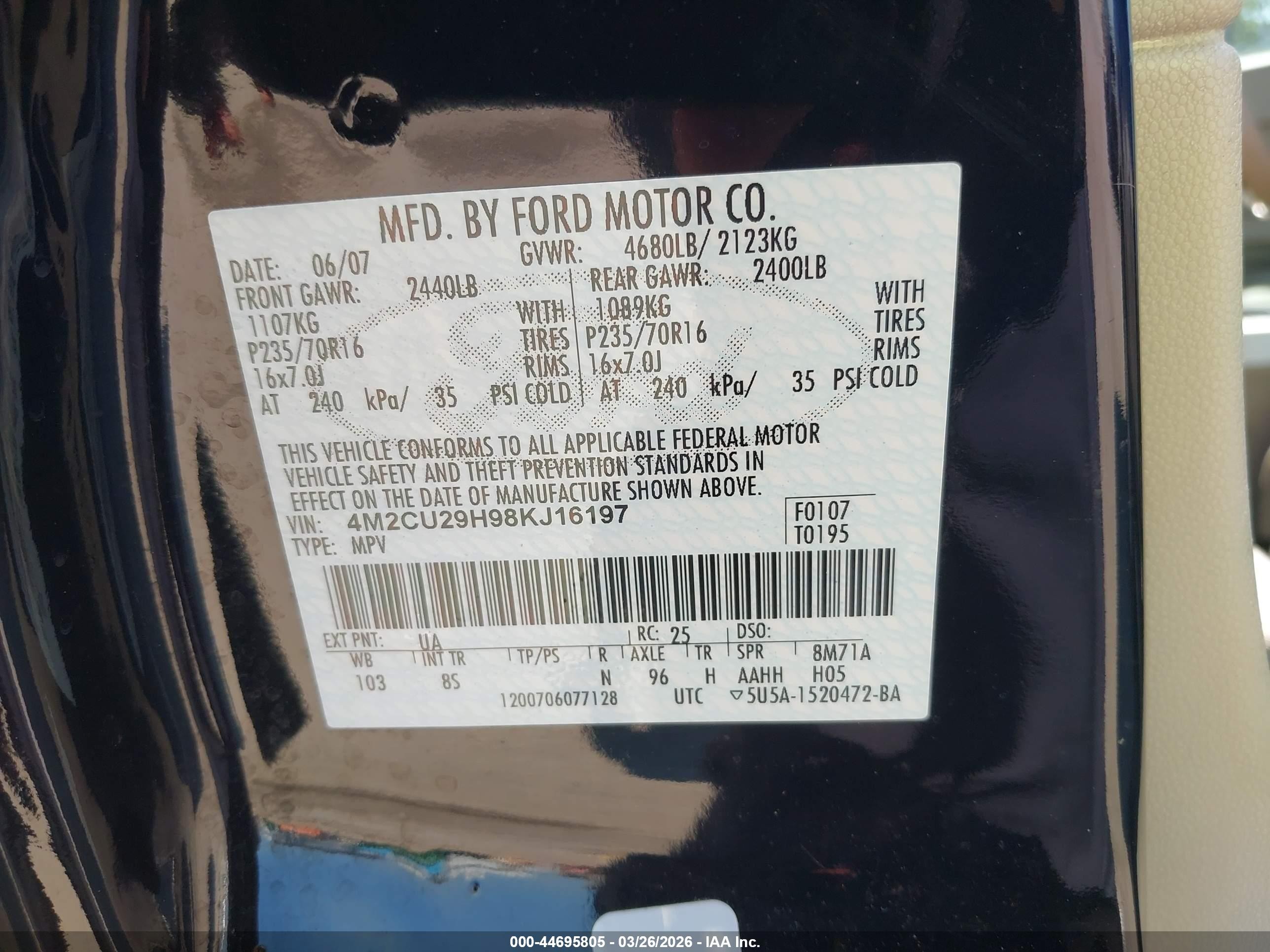 2008 Mercury Mariner Hybrid   Black vin: 4M2CU29H98KJ16197