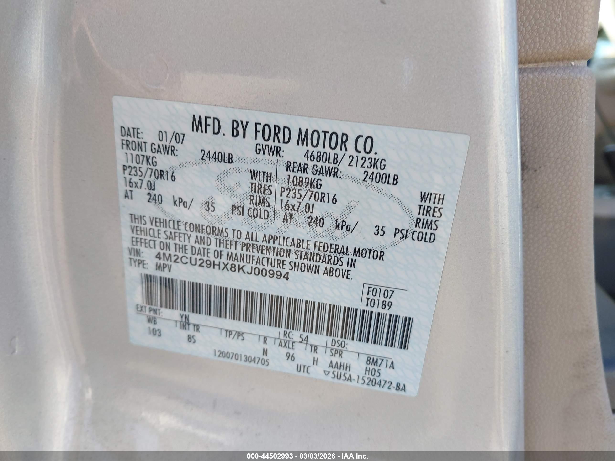 2008 Mercury Mariner Hybrid   Silver vin: 4M2CU29HX8KJ00994
