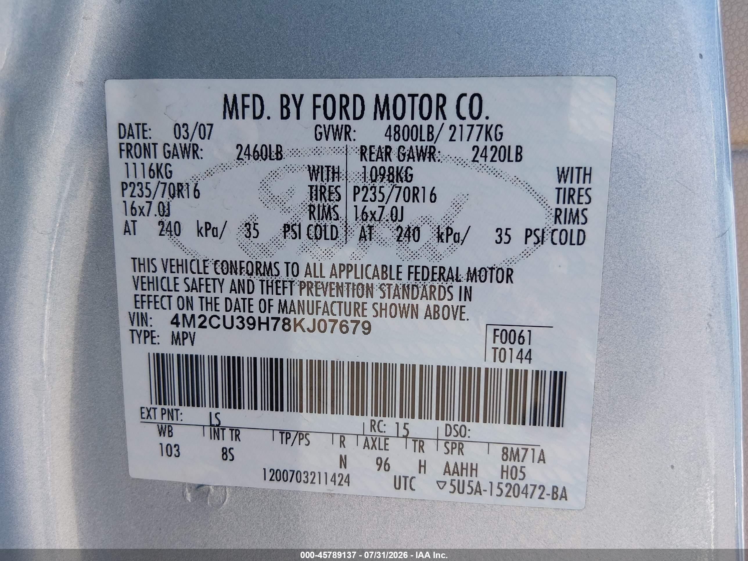 2008 Mercury Mariner Hybrid   Light Blue vin: 4M2CU39H78KJ07679