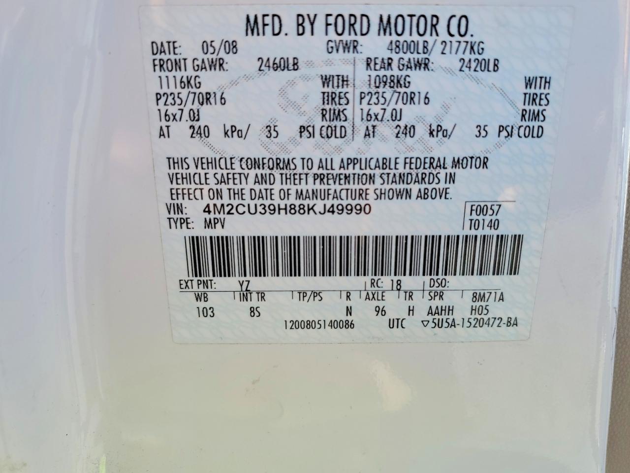 2008 Mercury Mariner Hev White vin: 4M2CU39H88KJ49990