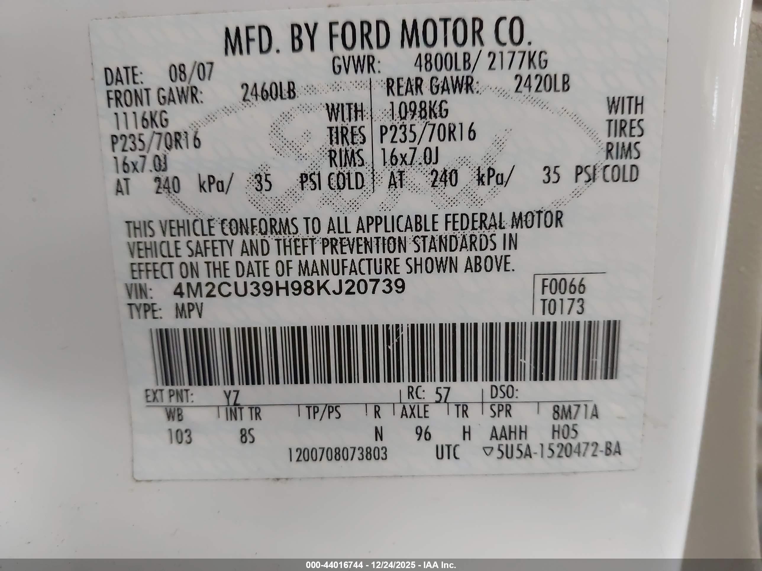 2008 Mercury Mariner Hybrid   White vin: 4M2CU39H98KJ20739