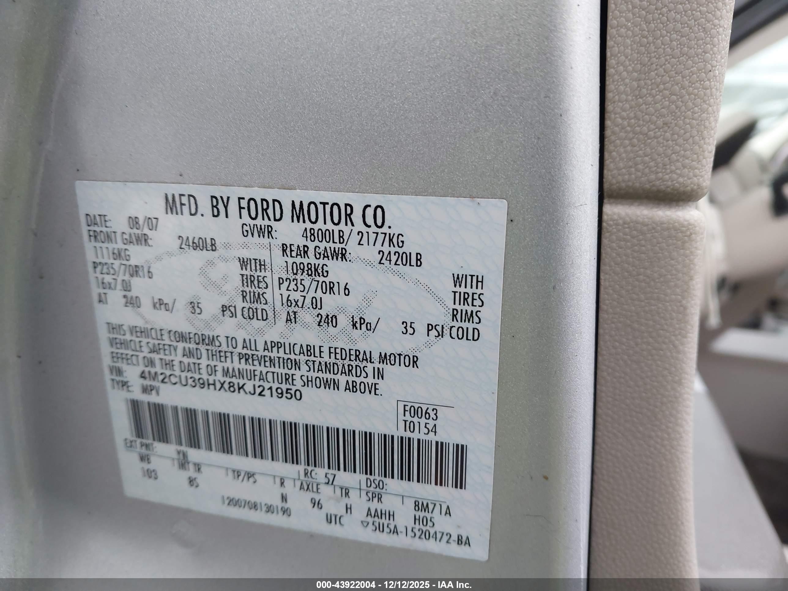 2008 Mercury Mariner Hybrid   Silver vin: 4M2CU39HX8KJ21950