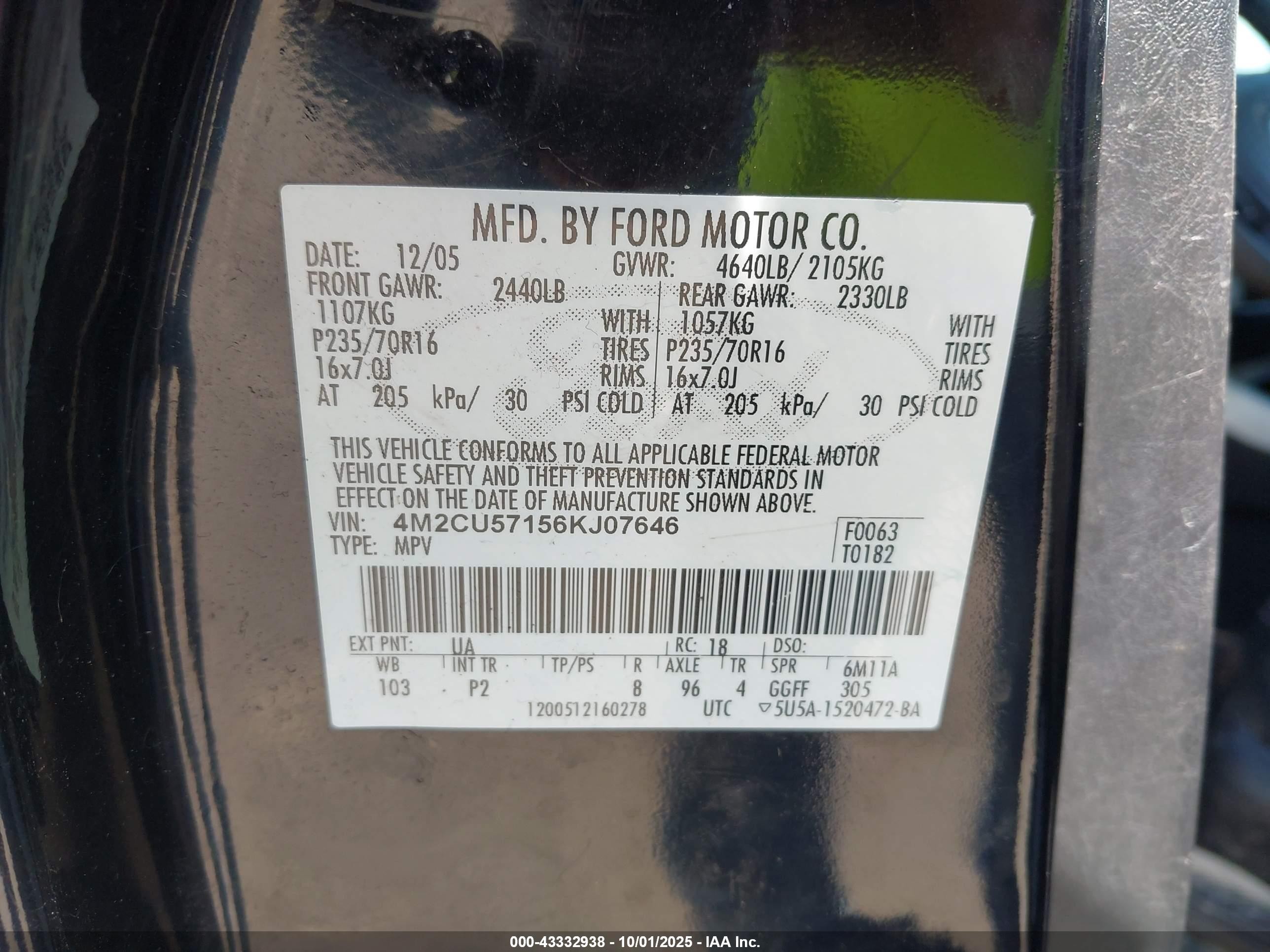 2006 Mercury Mariner Luxury/premier Black vin: 4M2CU57156KJ07646