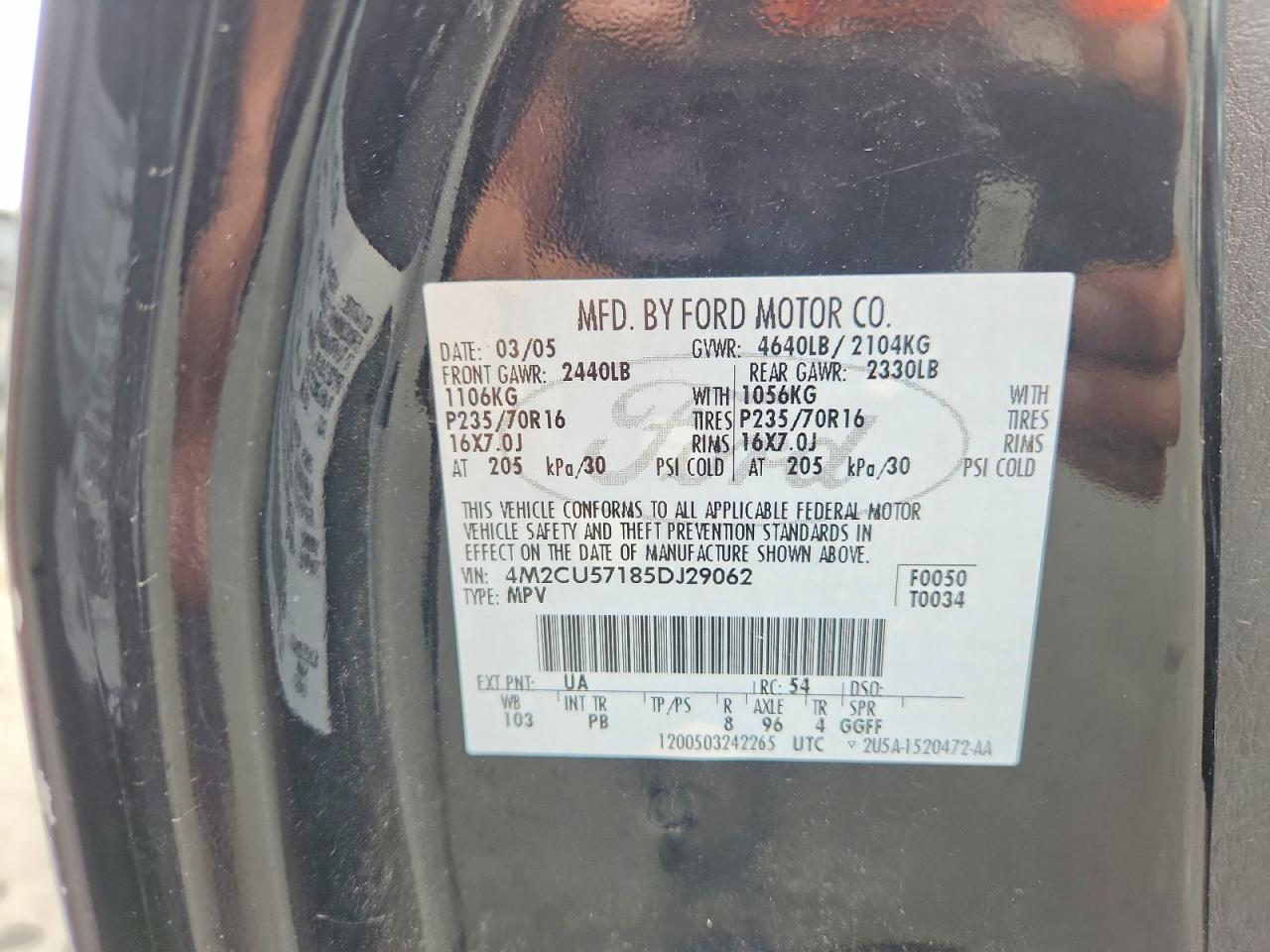 2005 Mercury Mariner Black vin: 4M2CU57185DJ29062