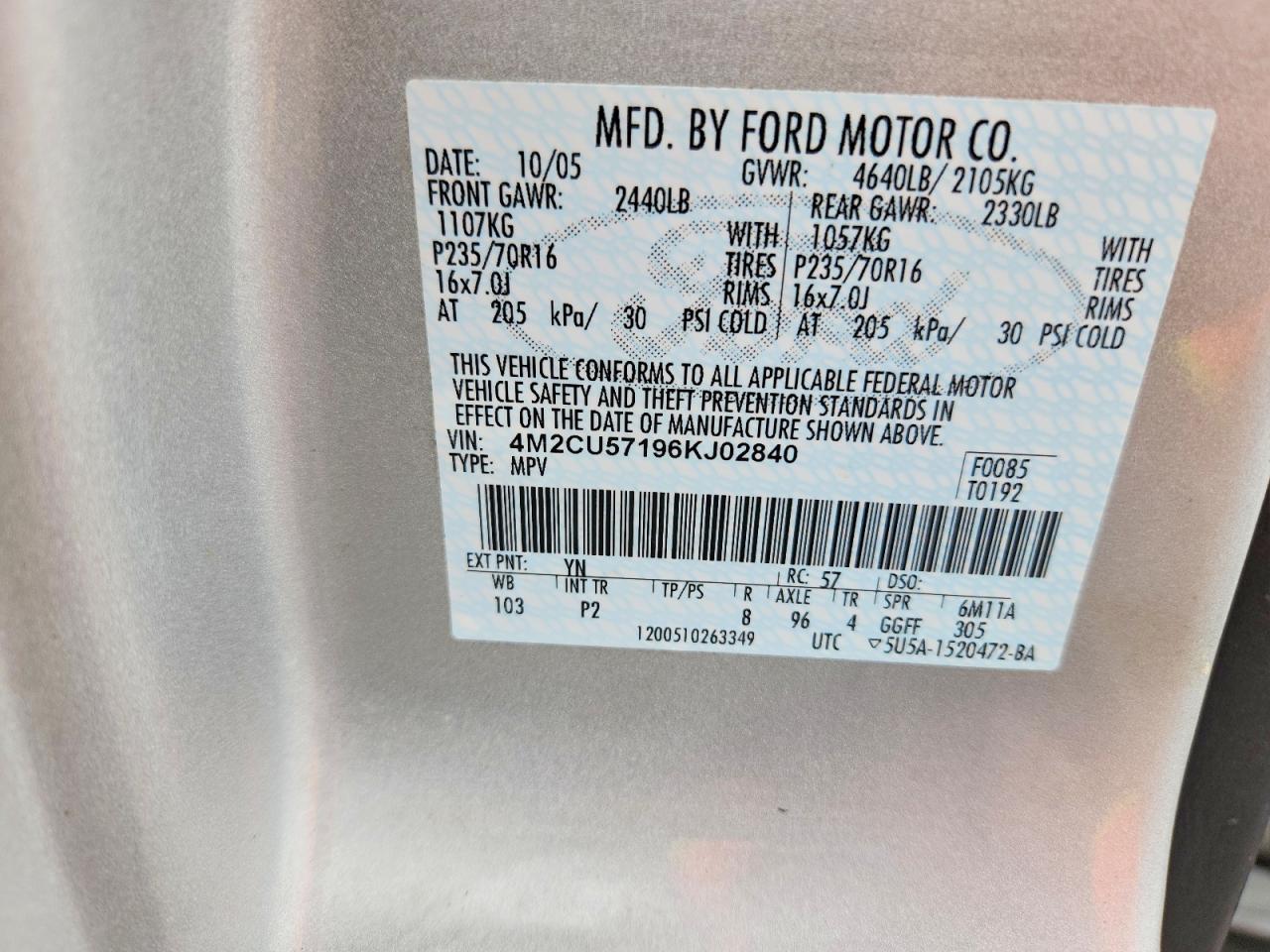 2006 Mercury Mariner Silver vin: 4M2CU57196KJ02840