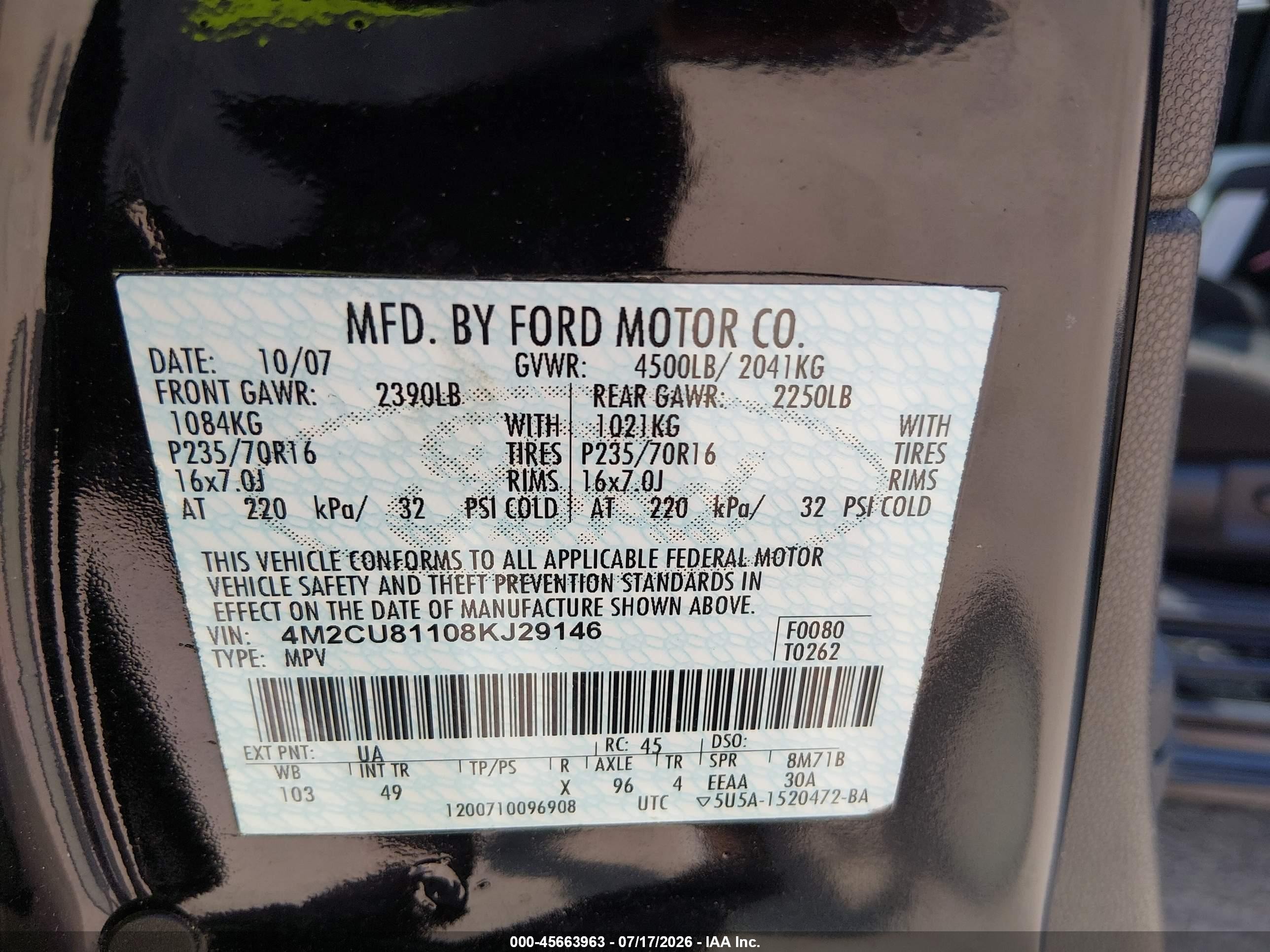 2008 Mercury Mariner V6 Black vin: 4M2CU81108KJ29146