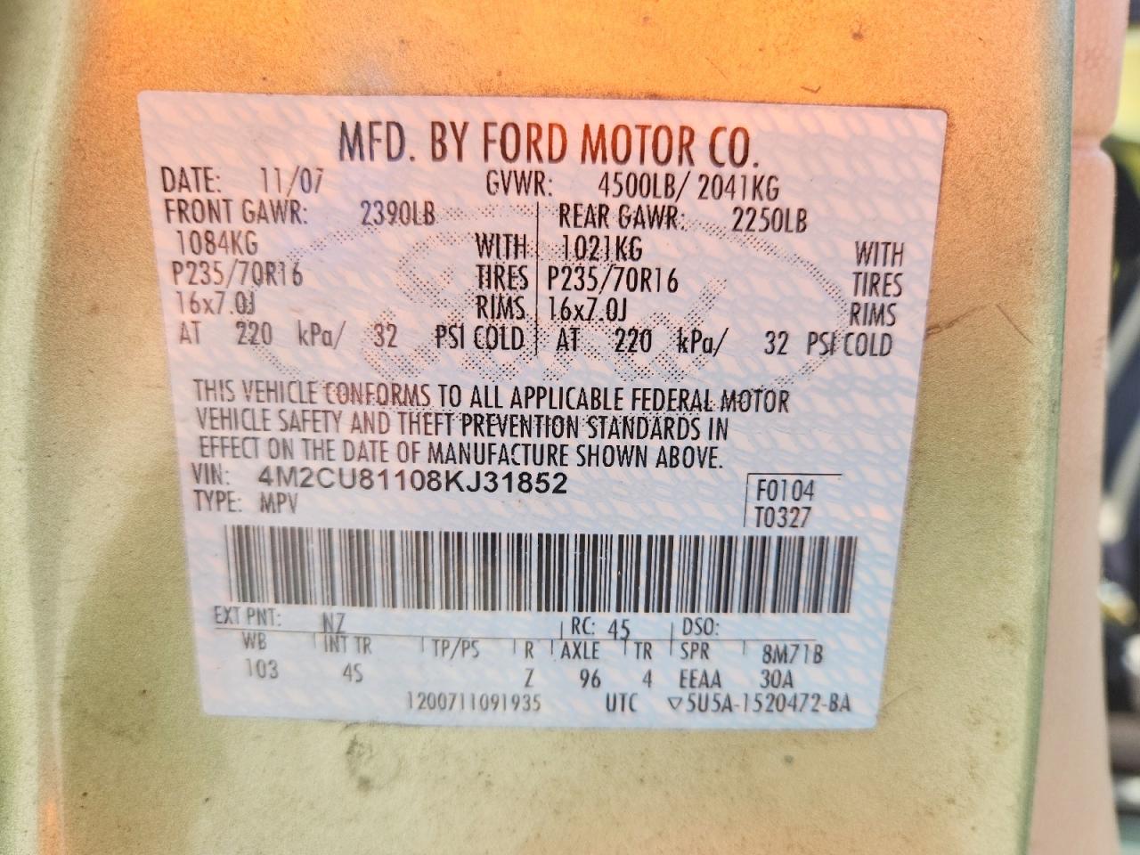2008 Mercury Mariner Green vin: 4M2CU81108KJ31852
