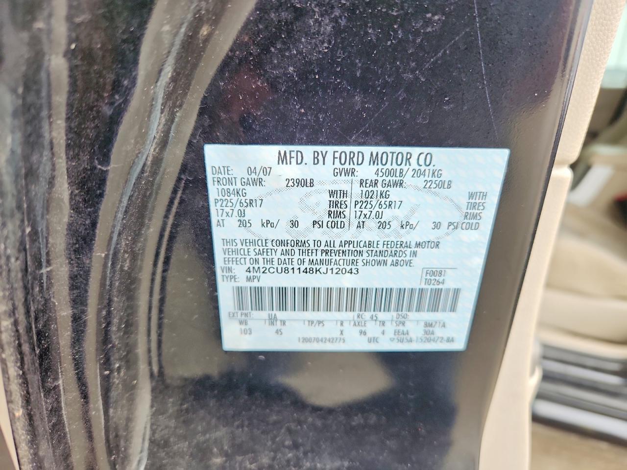 2008 Mercury Mariner Black vin: 4M2CU81148KJ12043