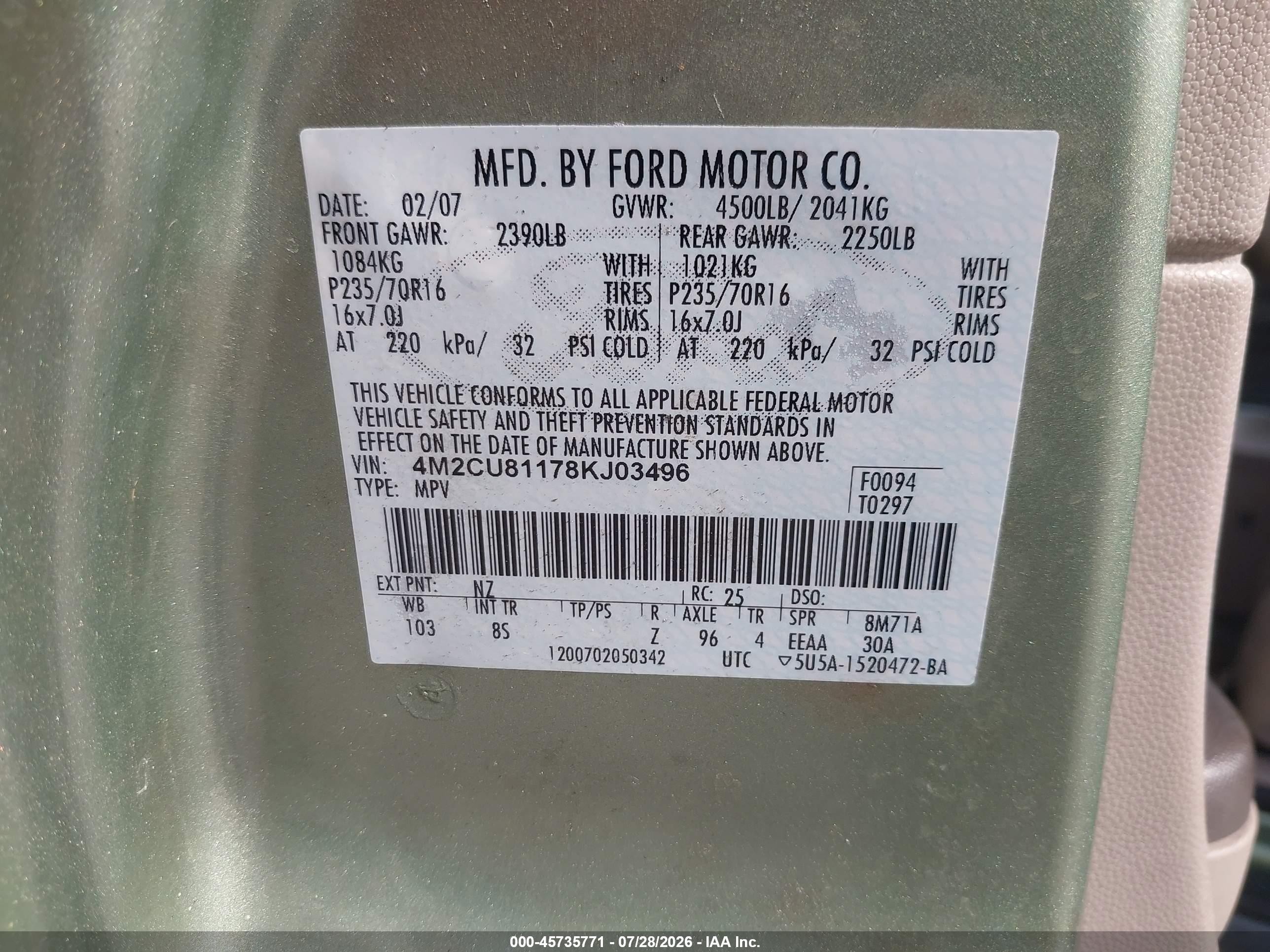 2008 Mercury Mariner V6 Green vin: 4M2CU81178KJ03496